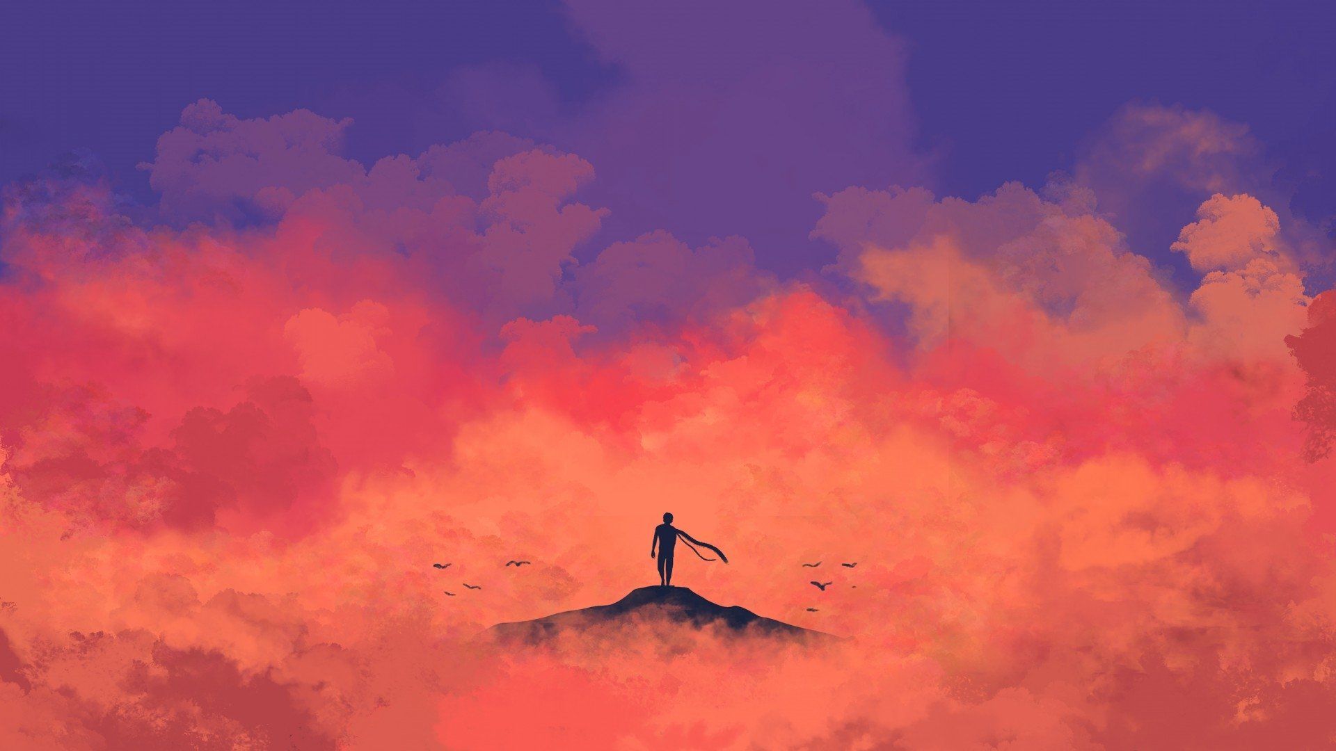 Wolkenmeer, Silhouette, Pinker Himmel, Vögel, Digitale Kunst, 1920x1080, Desktop-Hintergrund