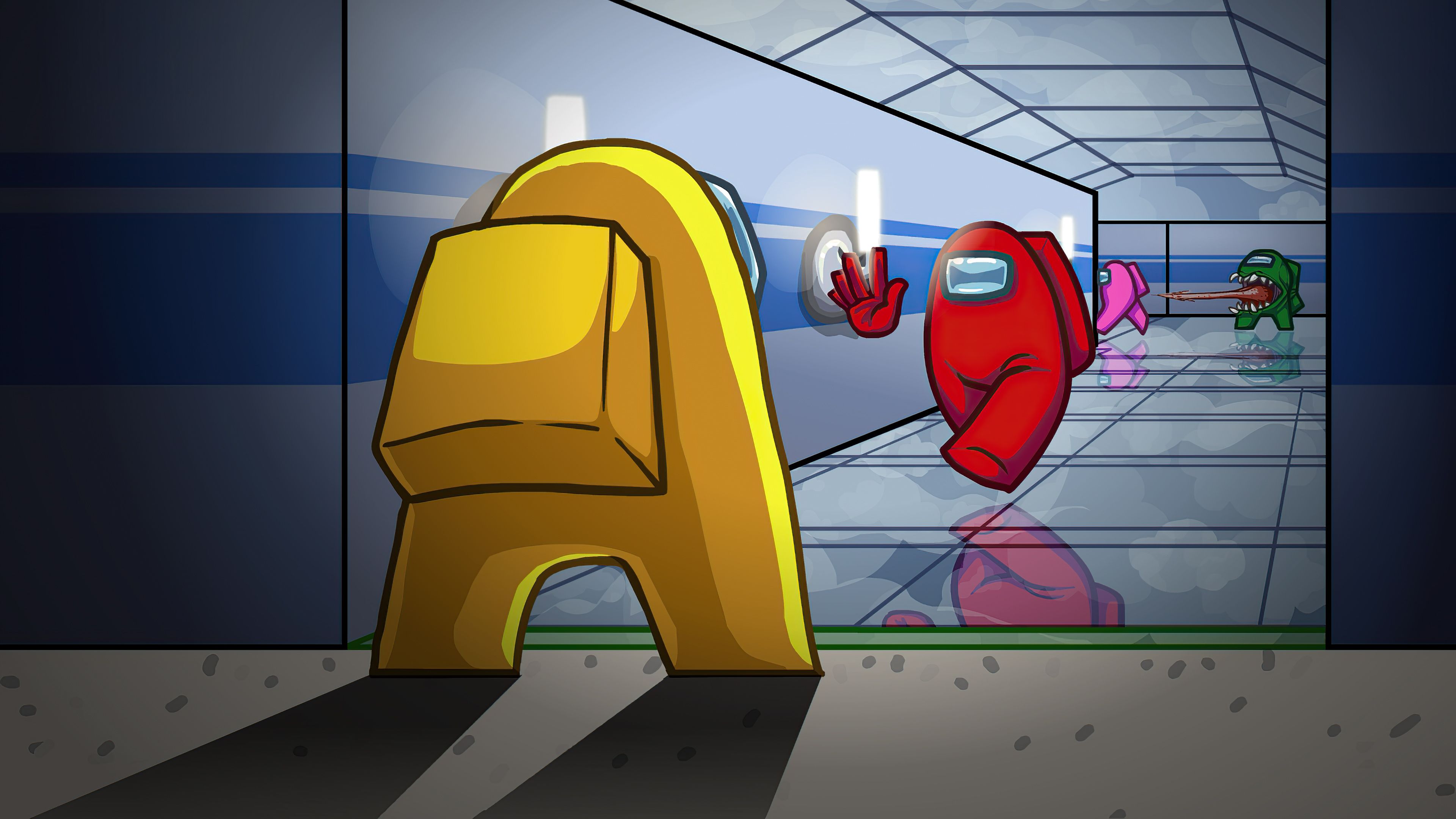Among Us, Crewmates, Gelber Crewmate, Raumschiff, Cartoon, 3840x2160, Desktop-Hintergrund