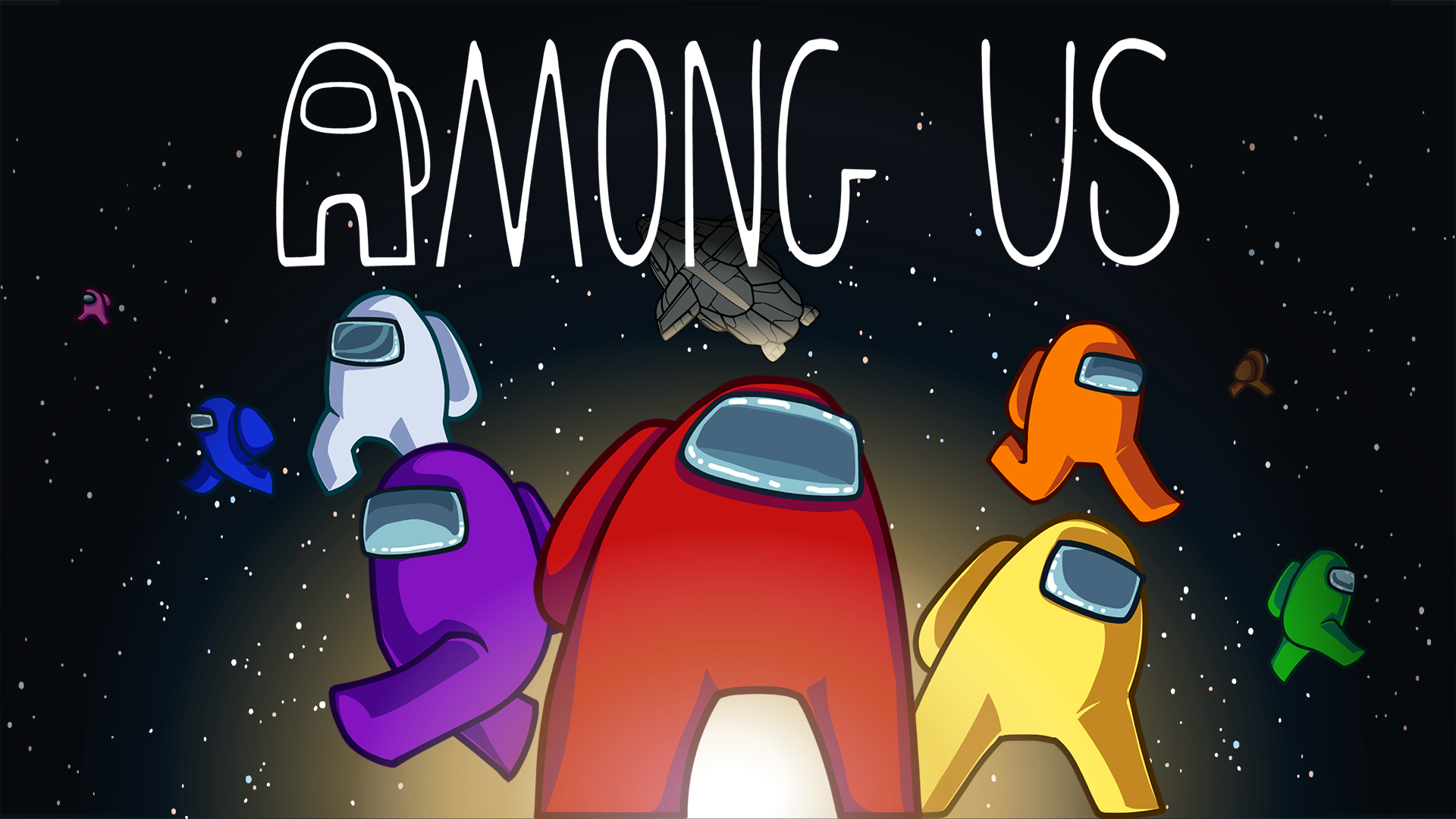 Among Us, Roter Crewmate, The Skeld, Schriftzug, Weltraum, Full-HD-Hintergrundbild für PC