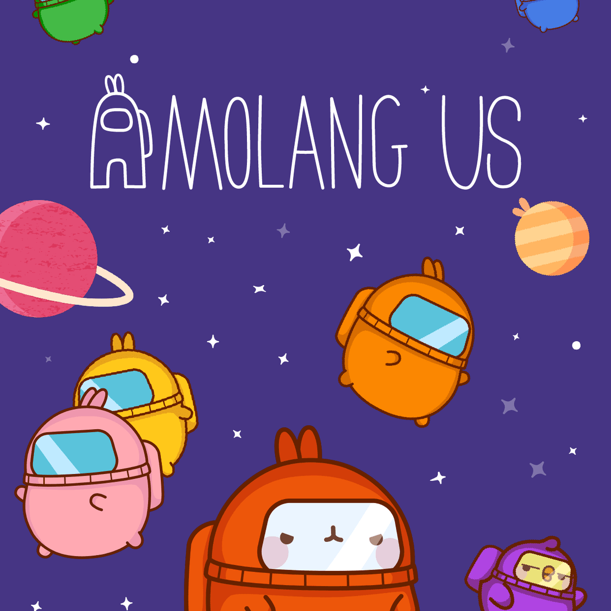 Molang, Among Us, Crossover, Planeten, Lila Hintergrund, Niedlich, Wallpaper