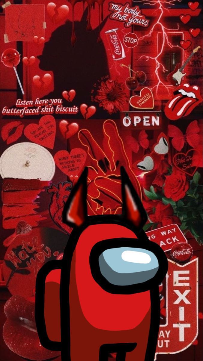 Among Us, Roter Crewmate, Teufelshörner, Ästhetische Collage, Rot, Hintergrundbild fürs Handy