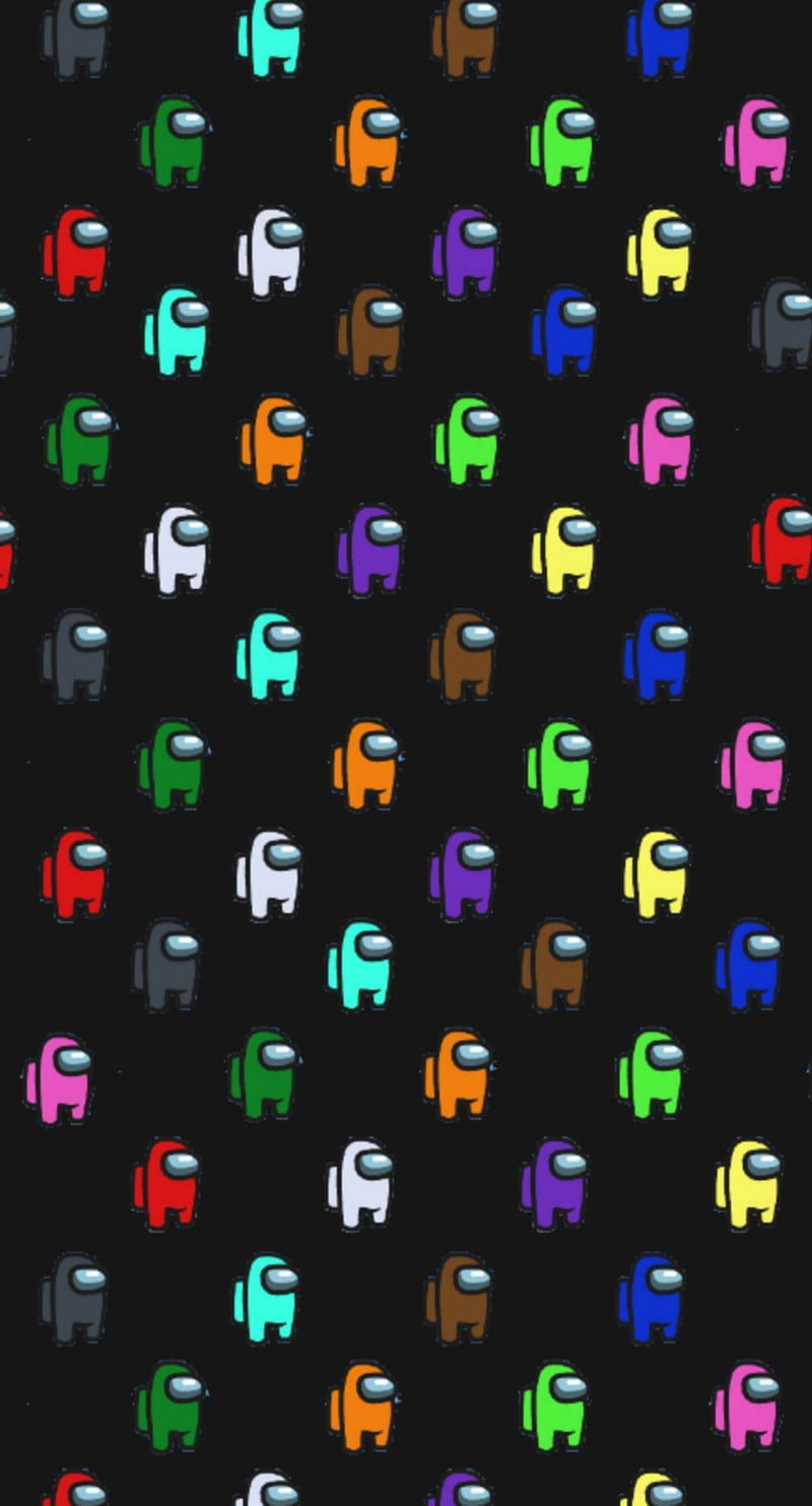 Among Us, Crewmates, Muster, Bunte Figuren, Schwarzer Hintergrund, Sperrbildschirm fürs iPhone