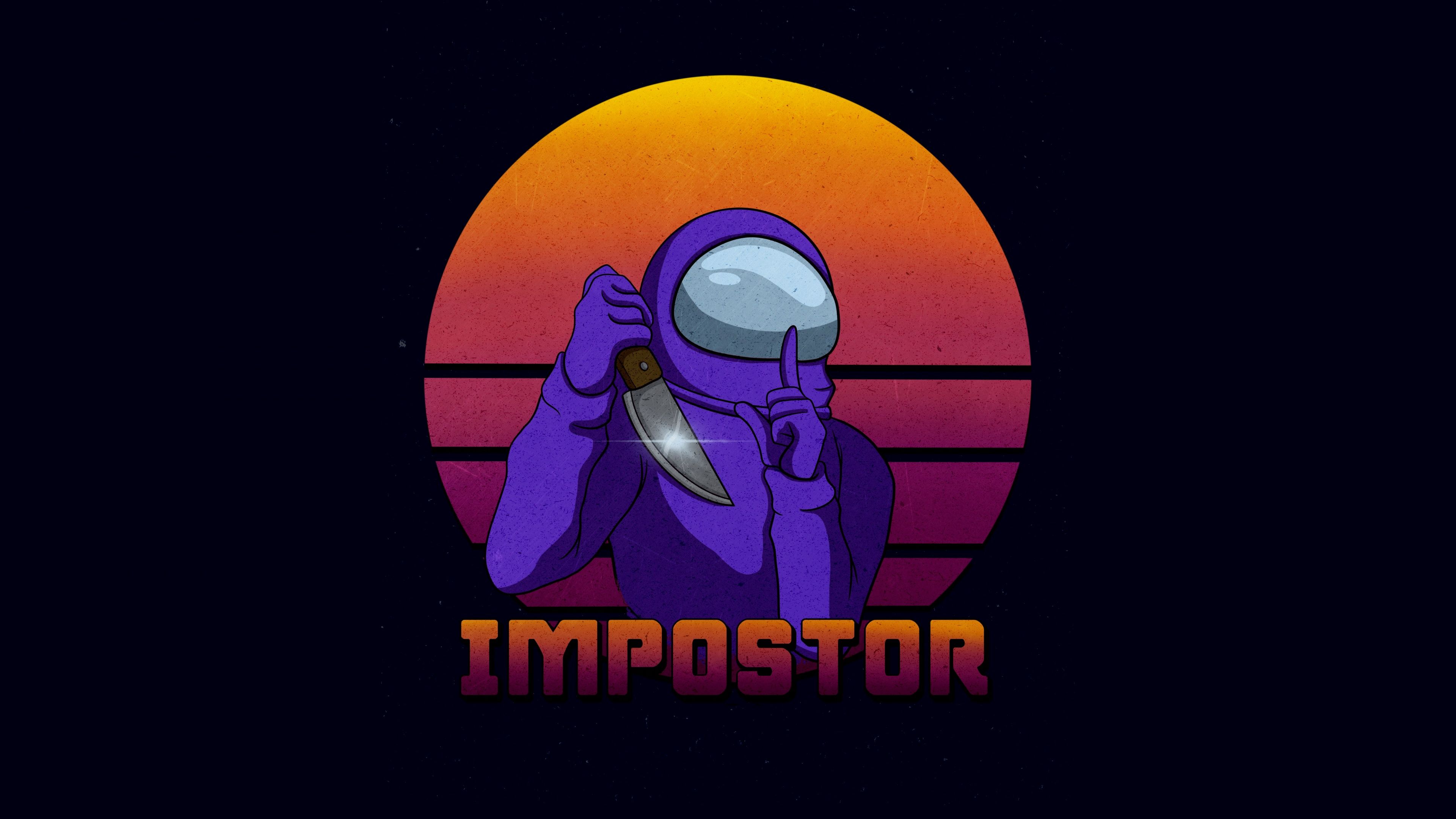 Among Us, Impostor, Lila Crewmate, Messer, Retro-Sonne, Synthwave, 4K, Laptop-Hintergrundbild