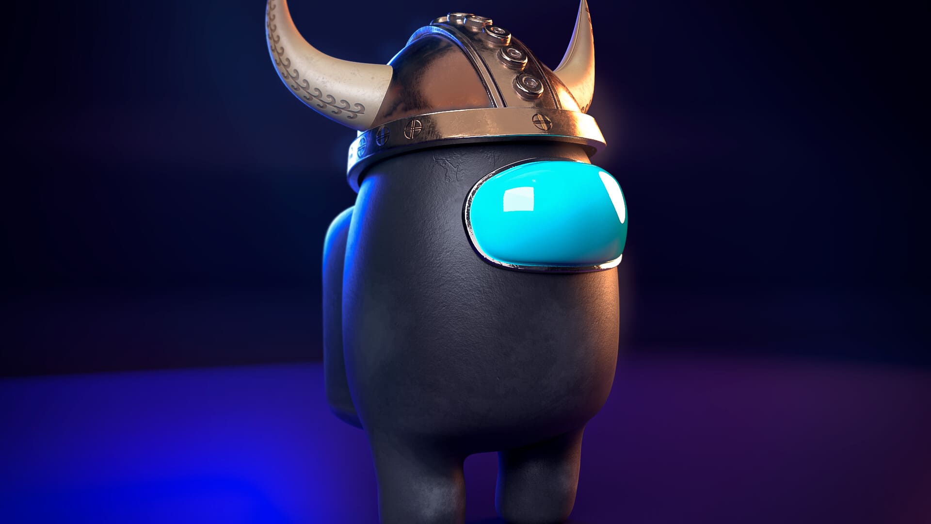 Among Us, Schwarzer Crewmate, Wikingerhelm, 3D-Rendering, Blaues Licht, Full HD, Laptop-Hintergrundbild