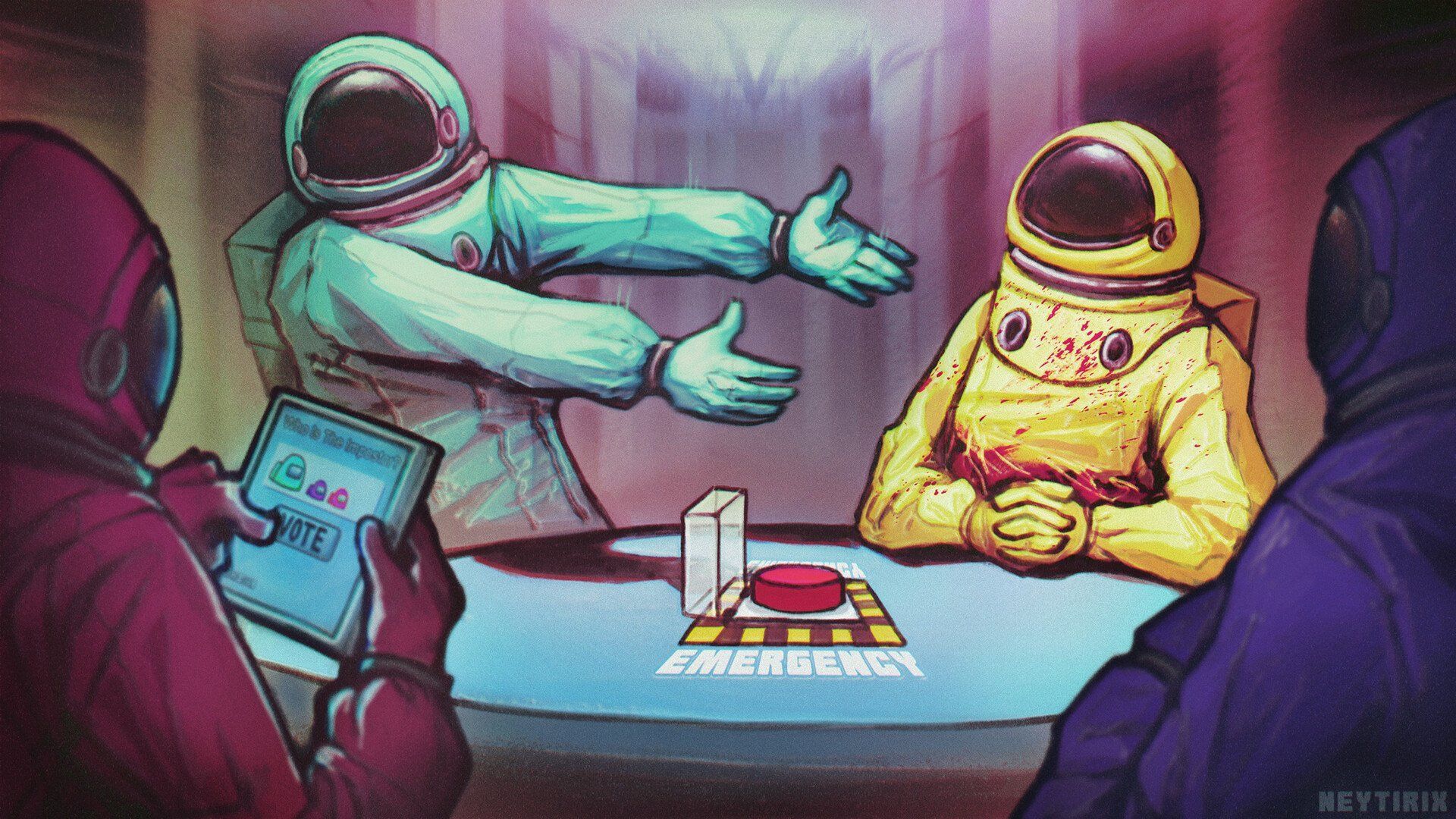 Among Us, Astronauten, Notfall-Meeting, Diskussion, Realistische Malerei, Full HD, Windows-Hintergrundbild