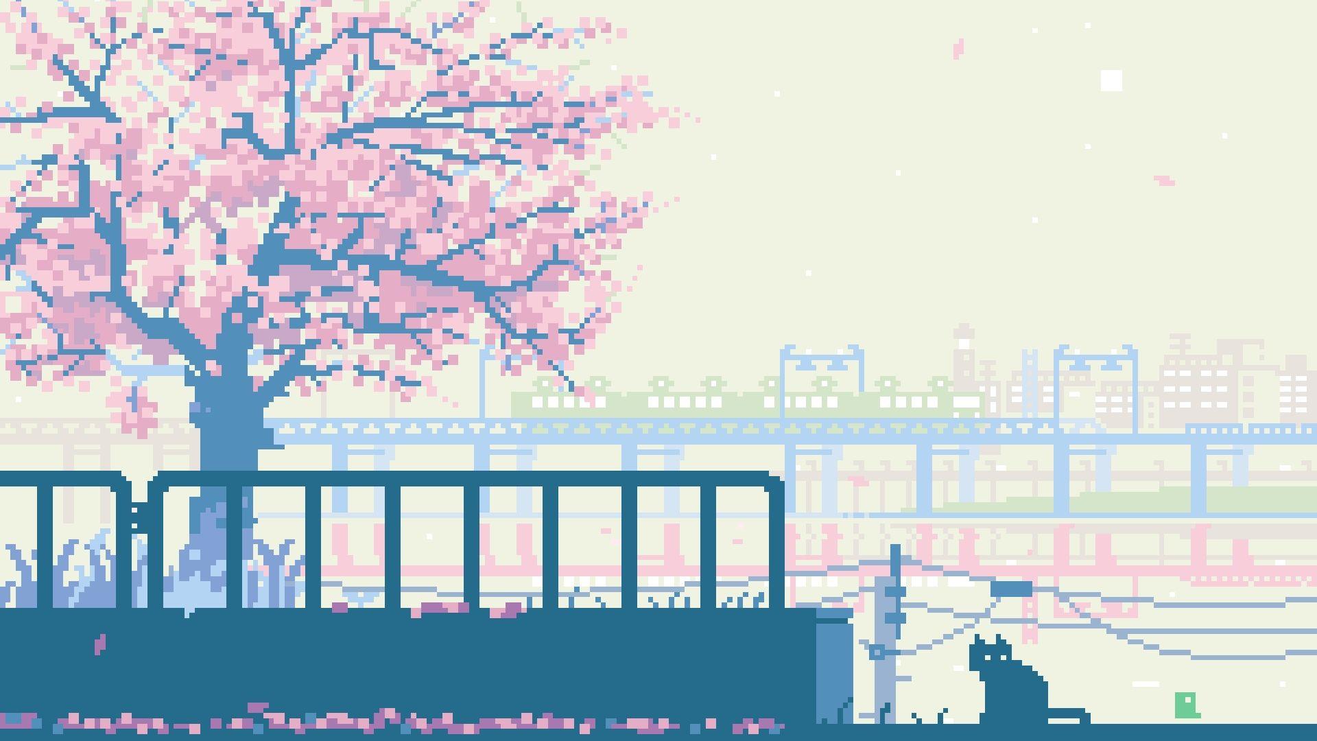 Pixel-Art, Kirschbaum, Katze, Zaun, Pastellfarben, Full HD 1080p, Desktop-Hintergrundbild