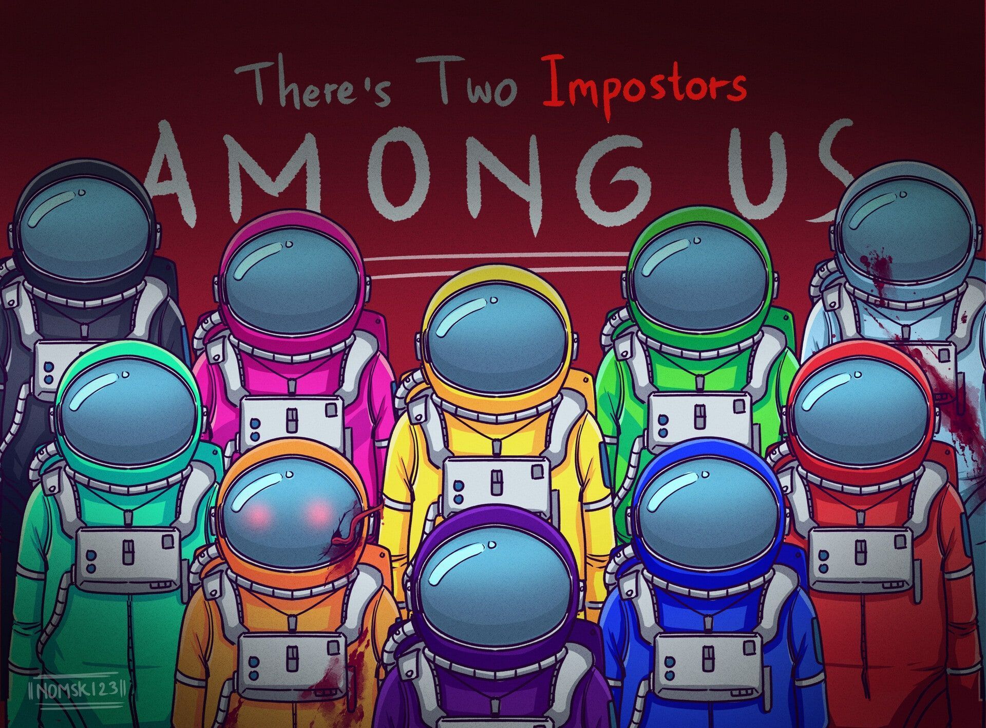 Among Us, There's Two Impostors, Astronauten, Gruppe, Schriftzug, Full HD, Desktop-Hintergrund