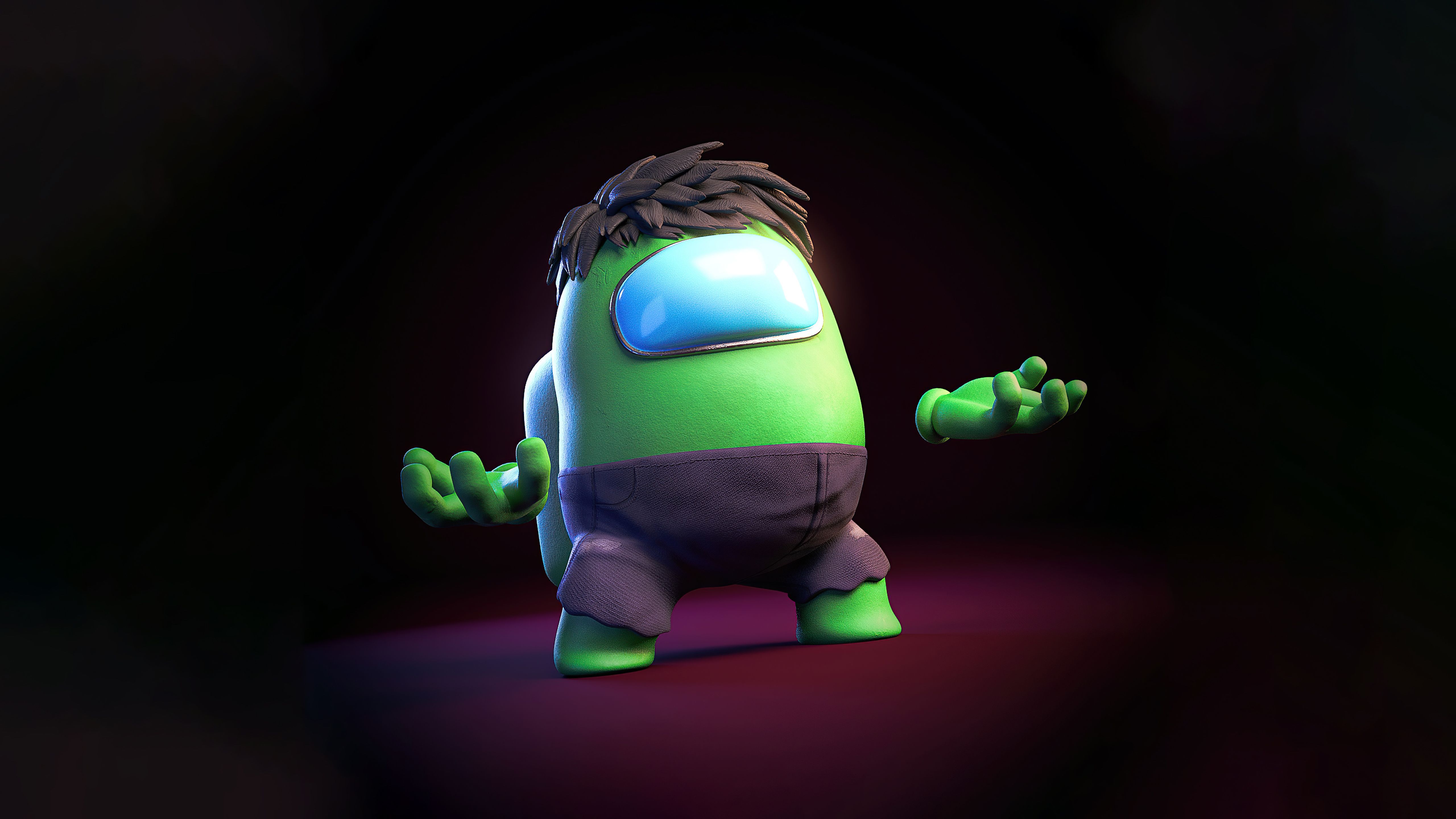 Among Us, Hulk, Grüner Crewmate, Crossover, 3D-Rendering, Dunkel, 5K, Laptop-Hintergrundbild