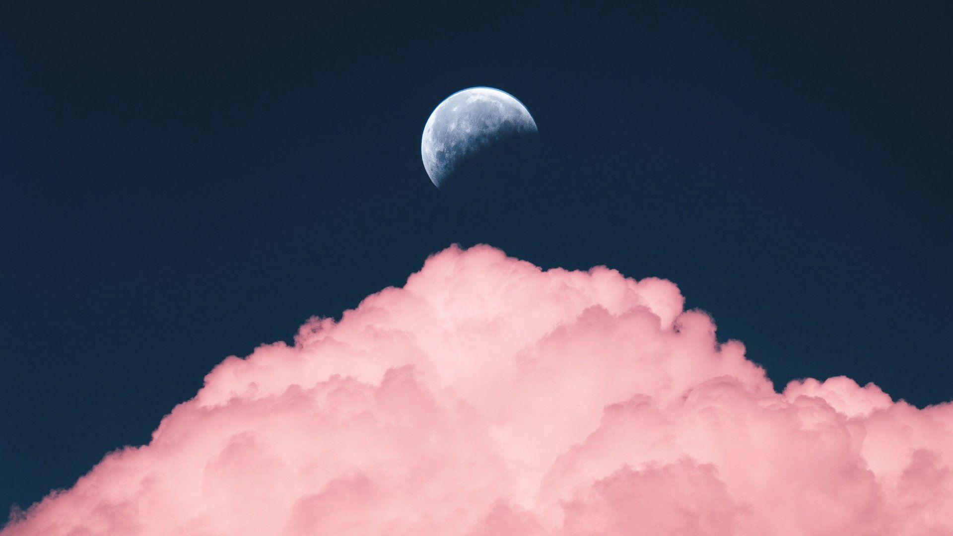 Wolke, Mond, Rosa Wolken, Dunkelblauer Himmel, Minimalistisch, Full HD, Windows-Hintergrundbild