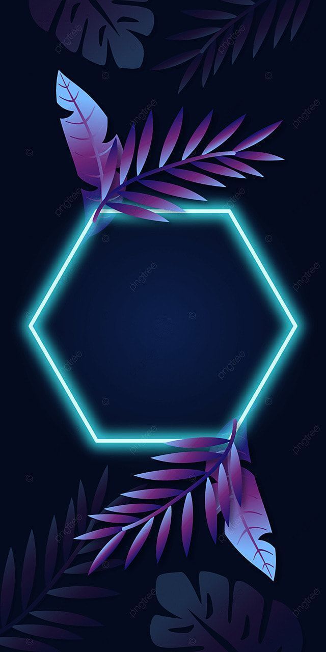 Sechseck, Neonrahmen, Blätter, Türkis, Dunkelblau, Hochformat, Hintergrundbild fürs Smartphone
