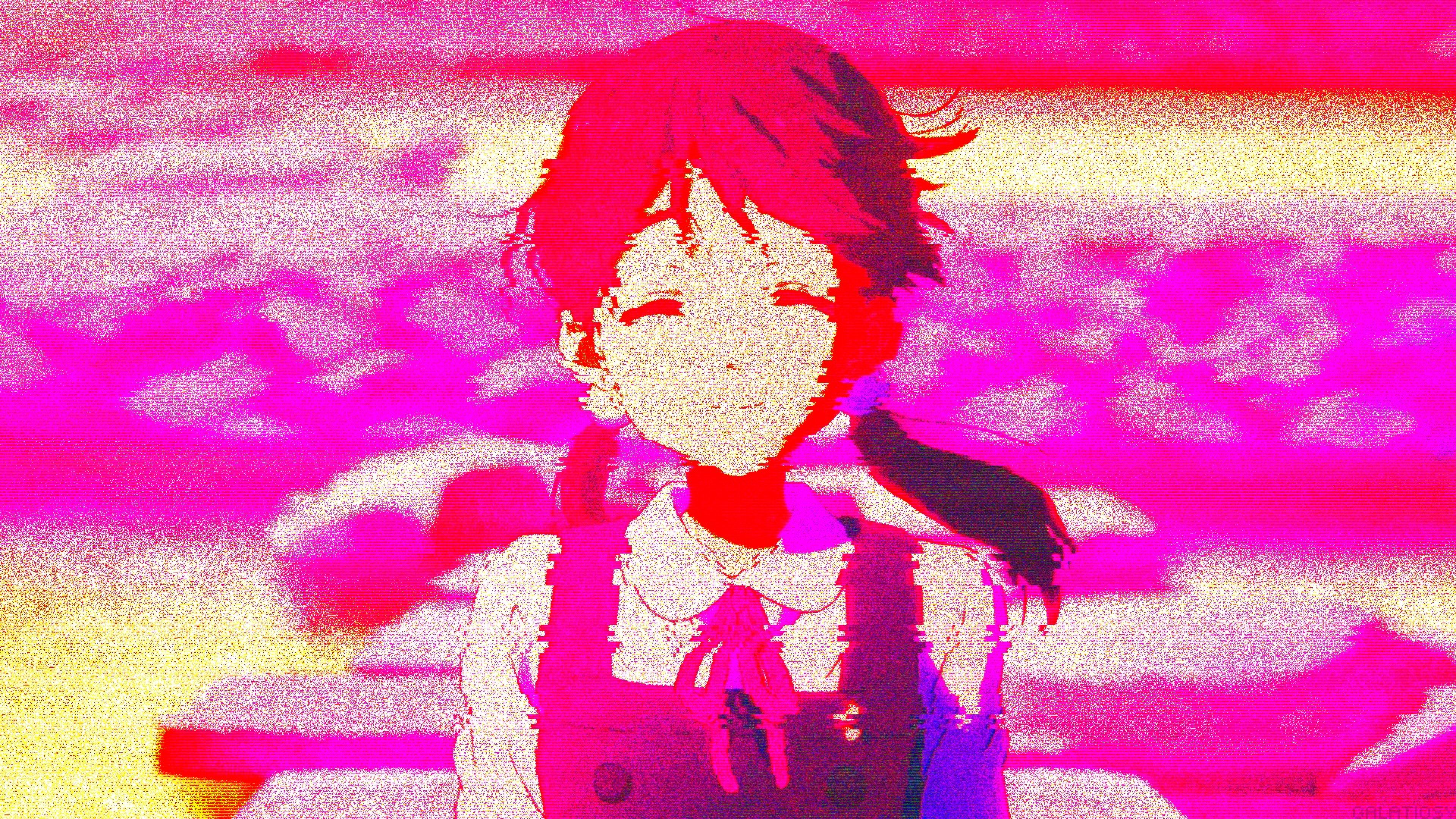 Anime-Mädchen, Glitch-Effekt, Magenta, Rauschen, 4K, Hintergrundbild für den PC