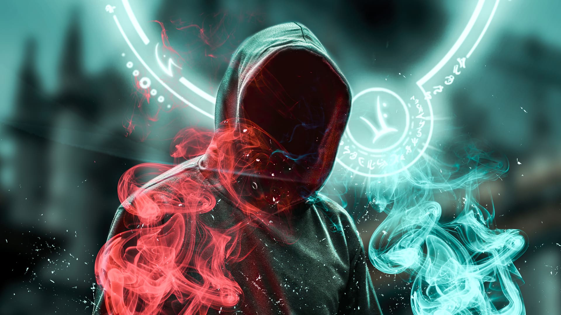 Kapuze, Rauch, Neon, Magischer Kreis, Digitale Kunst, 1920x1080, Full-HD-Hintergrundbild für PC