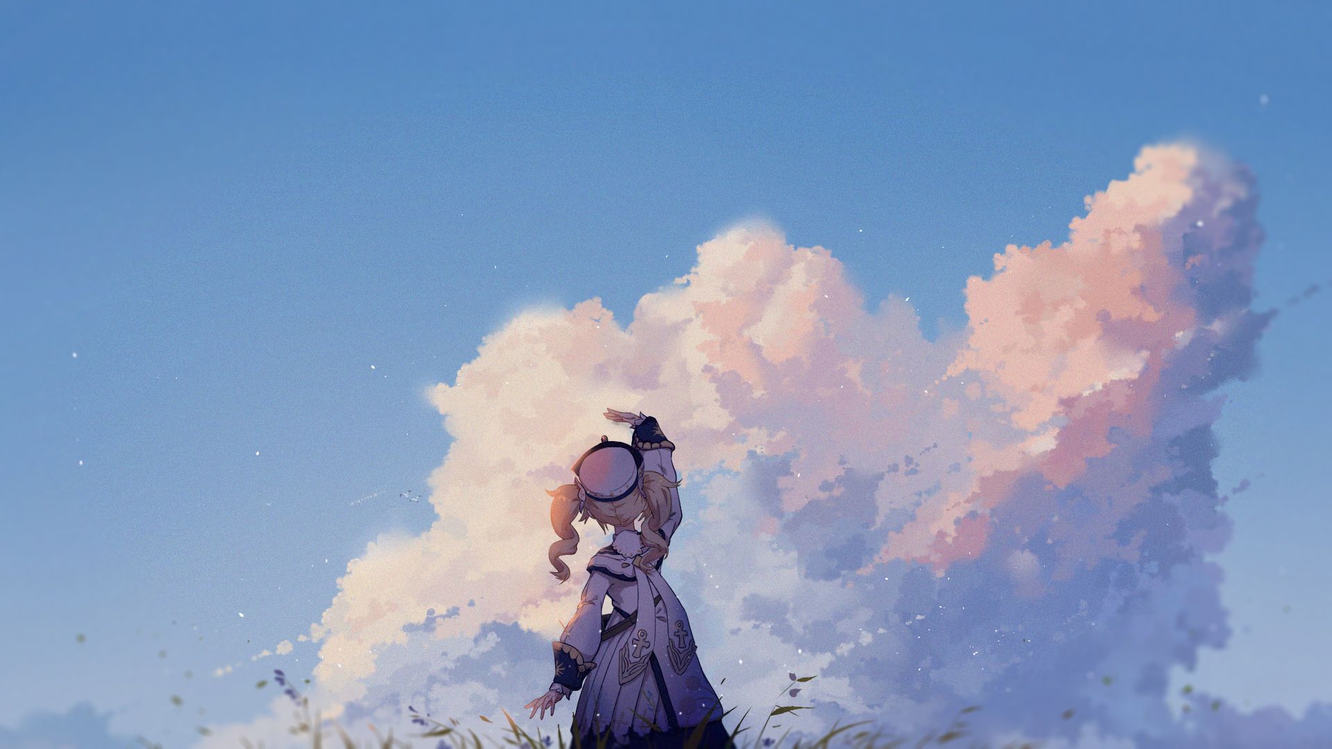 Anime-Stil, Mädchen, Wolken, Blauer Himmel, Digitale Malerei, Full HD, PC-Hintergrundbild