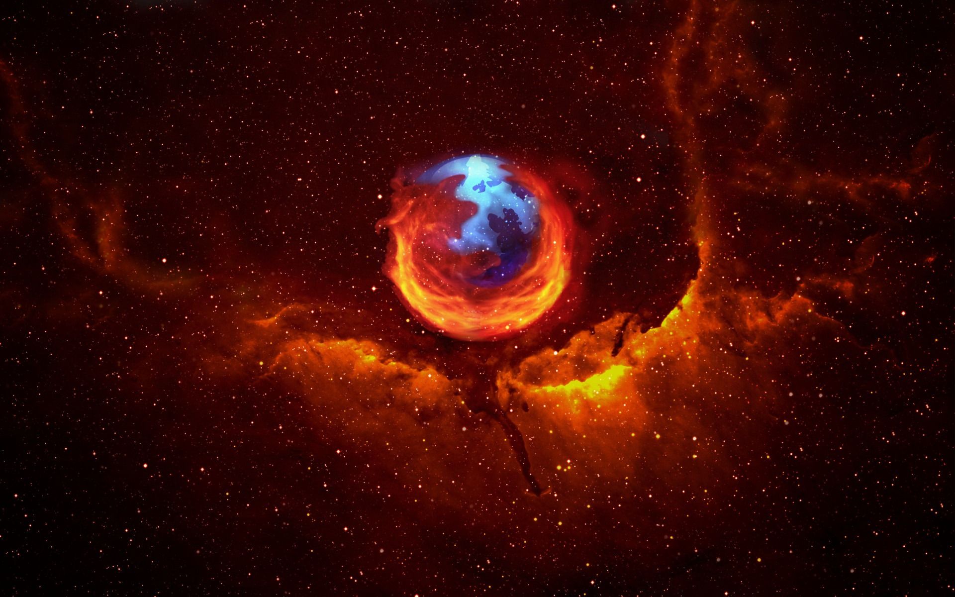 Firefox, Logo, Weltraum, Feuer, Nebel, 16:10, Full-HD-Hintergrundbild für den Desktop