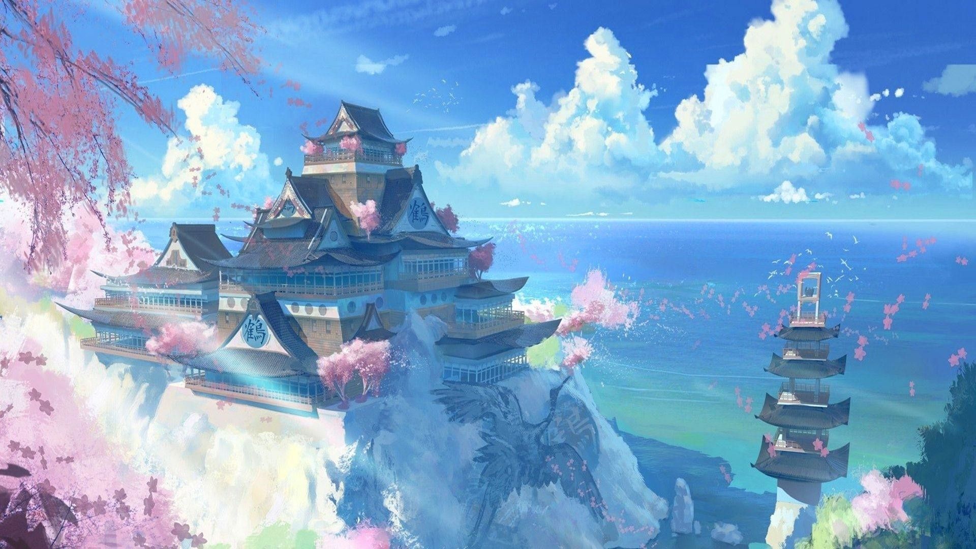 Genshin Impact, Inazuma, Burg, Kirschblüten, Meer, 1920x1080, Full-HD-Hintergrundbild für PC