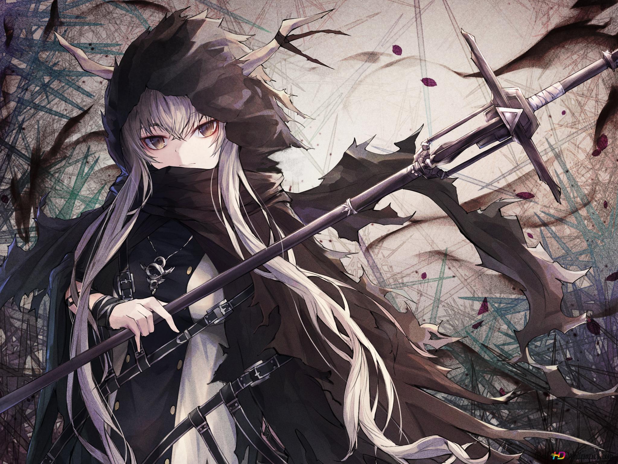 Anime-Mädchen, Sense, Weiße Haare, Rote Augen, Dunkle Fantasie, Full HD, iPad-Hintergrundbild