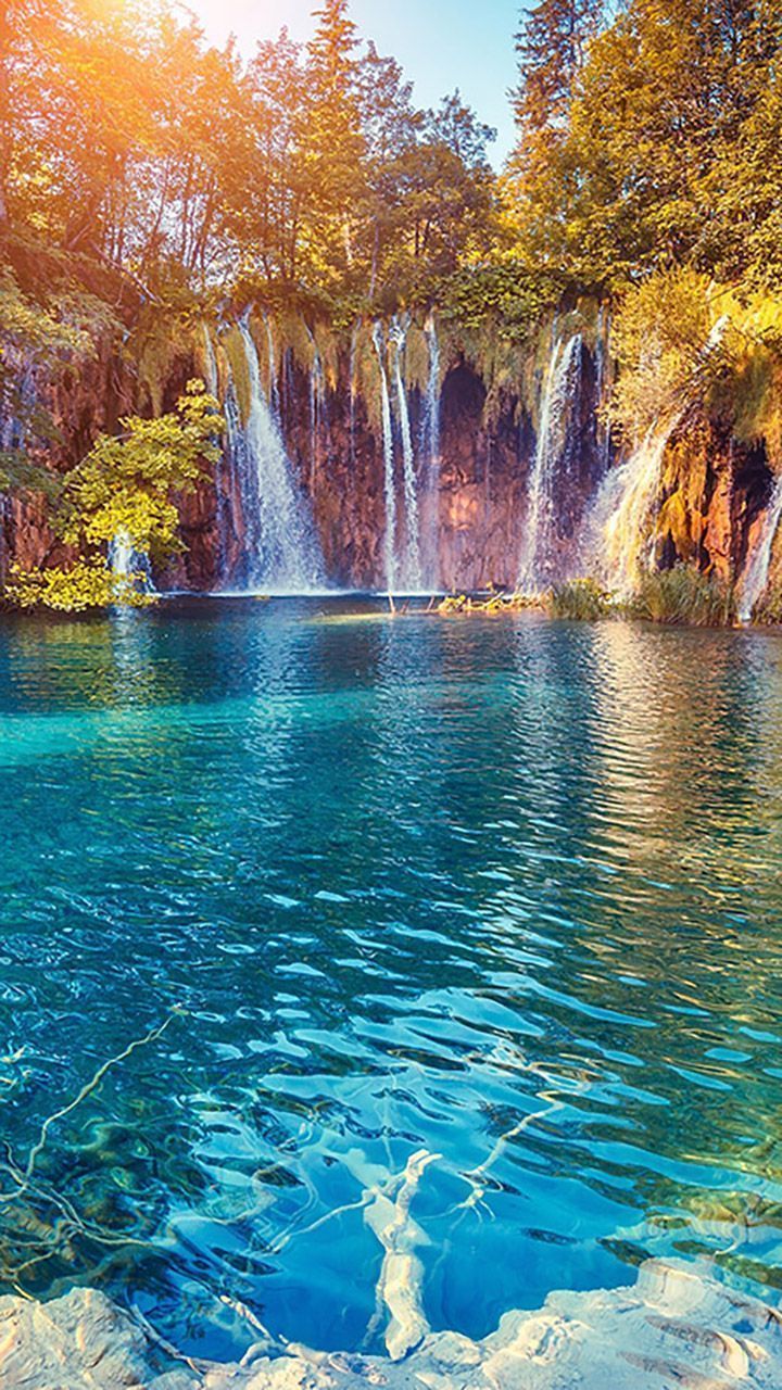 Wasserfall, Türkises Wasser, Herbst, See, Natur, HD, Hintergrundbild fürs Handy
