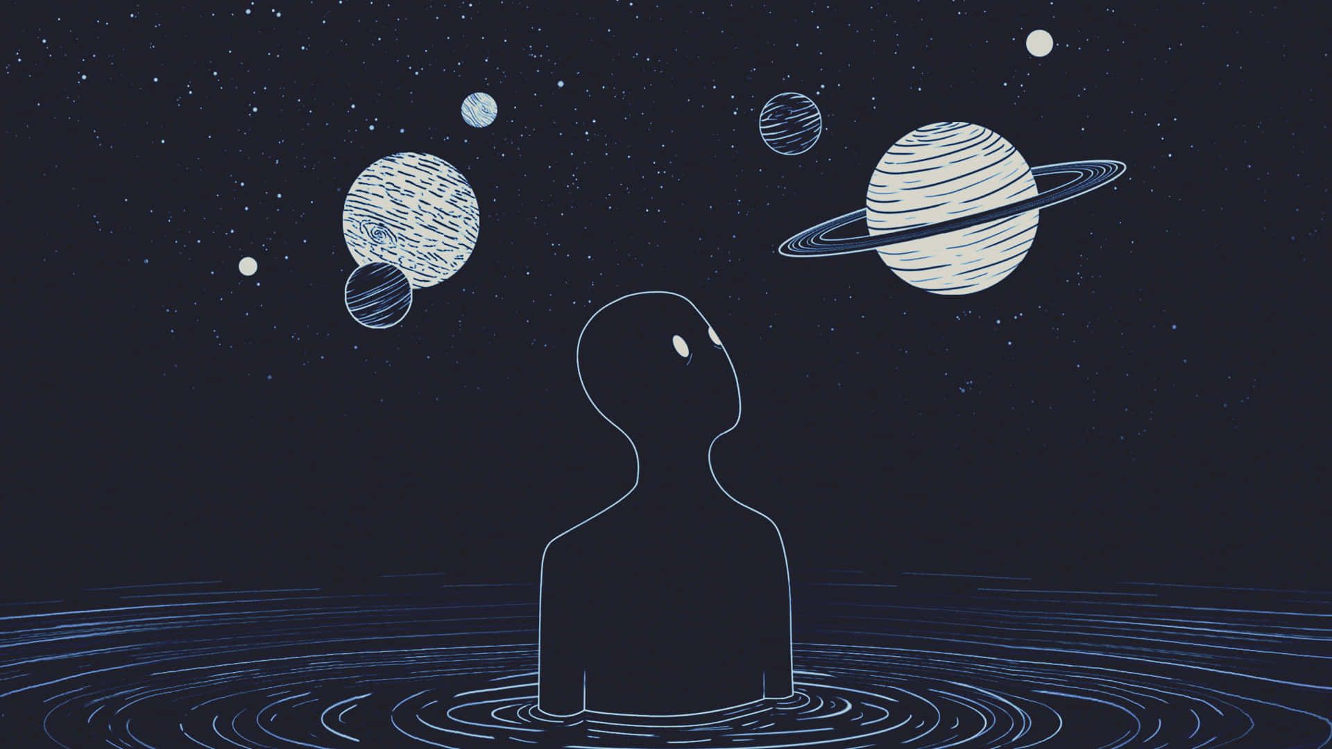 Planeten, Linienkunst, Silhouette, Weltraum, Wasser, 16:9, Full-HD-Hintergrundbild für den Desktop