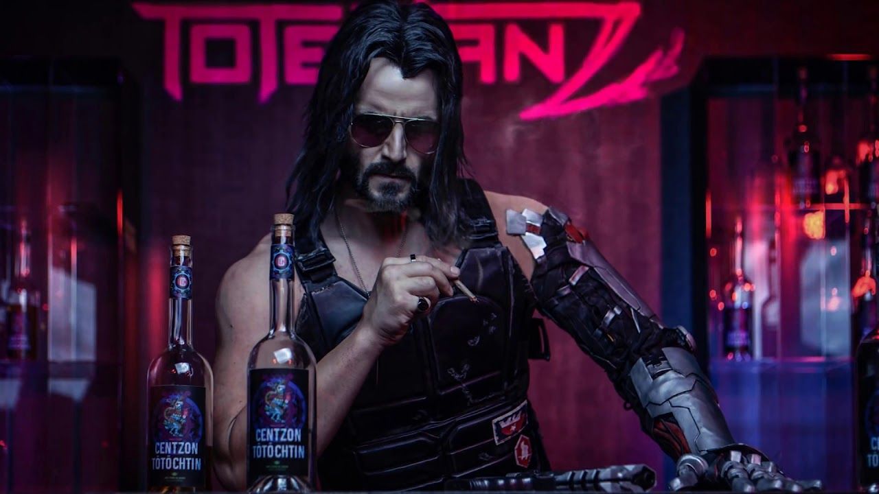 Johnny Silverhand, Keanu Reeves, Cyberpunk 2077, Totentanz, Bar, Neonlicht, HD, Desktop-Hintergrund