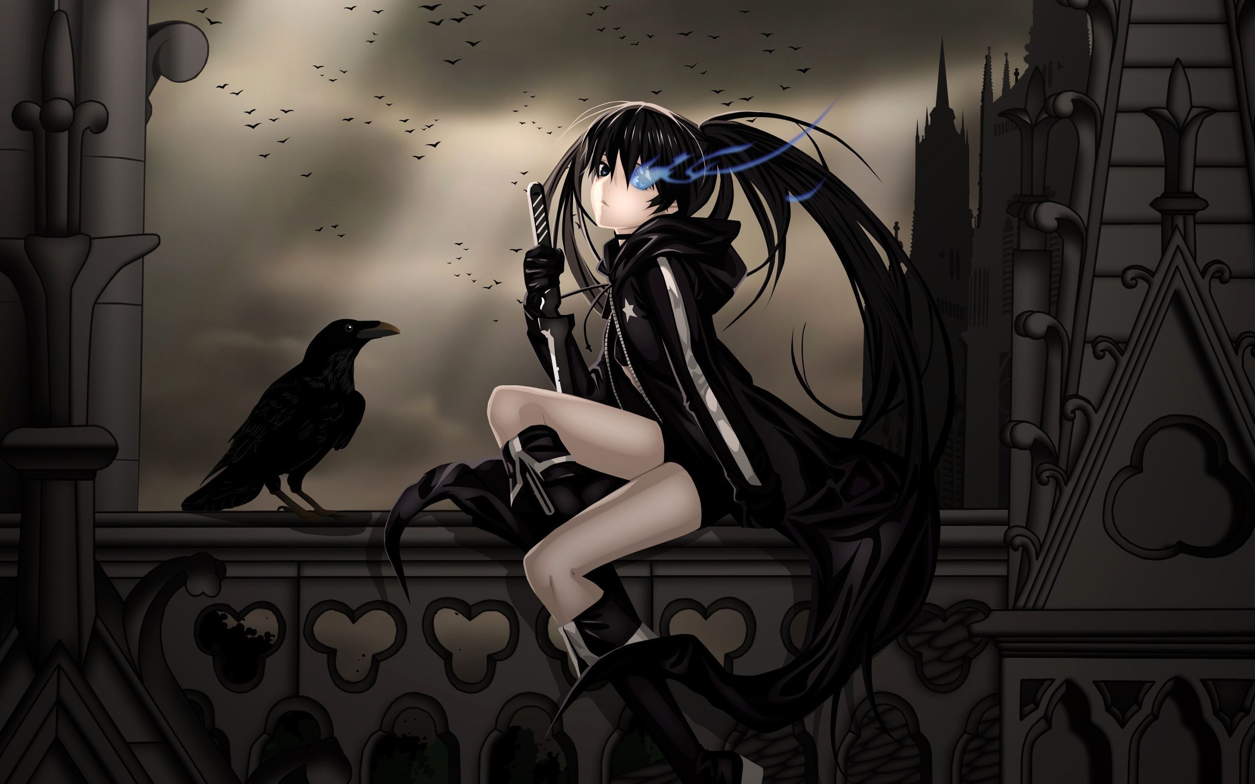 Black Rock Shooter, Anime-Mädchen, Rabe, Gotische Kathedrale, Grau, 2K, Laptop-Hintergrundbild