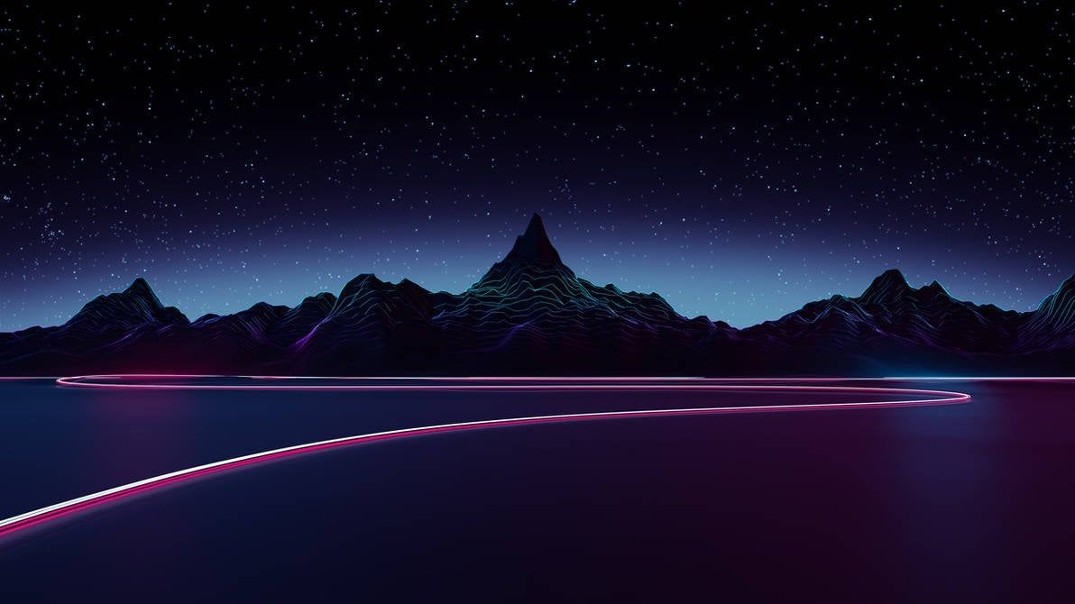 Retrowave, Berge, Lichtspur, Nacht, Sternenhimmel, Hintergrundbild