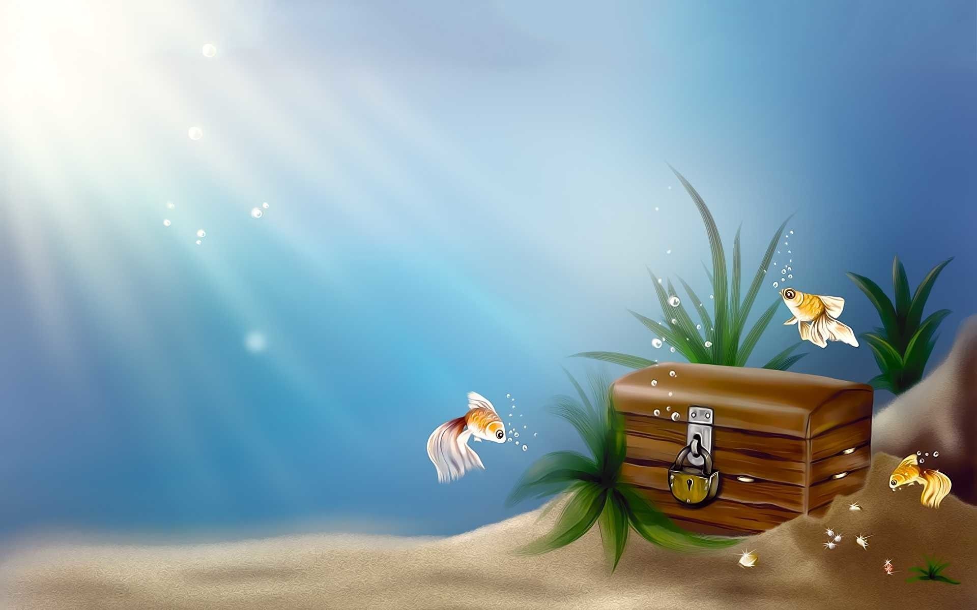 Goldfische, Schatztruhe, Unterwasser, Meeresboden, Lichtstrahlen, Full HD, Laptop-Hintergrundbild