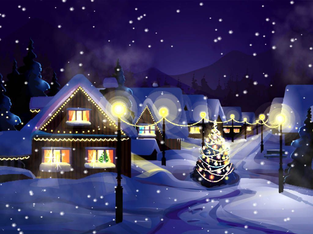 Winterdorf, Weihnachtsbaum, Schneefall, Nacht, Häuser, Hintergrundbild für iPad und Tablet