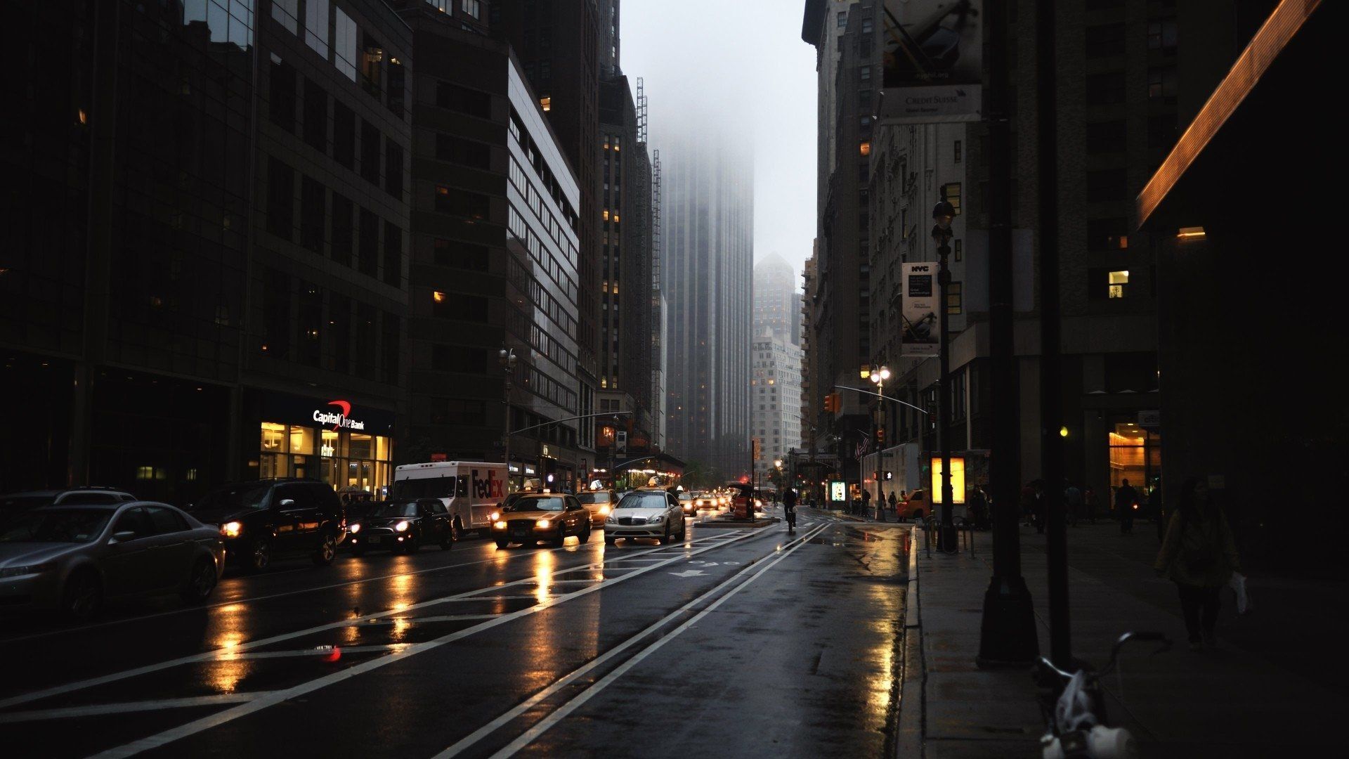 Straße, Stadt, Regen, Nebel, Hochhäuser, Abend, Full HD 1080p, Desktop-Hintergrundbild