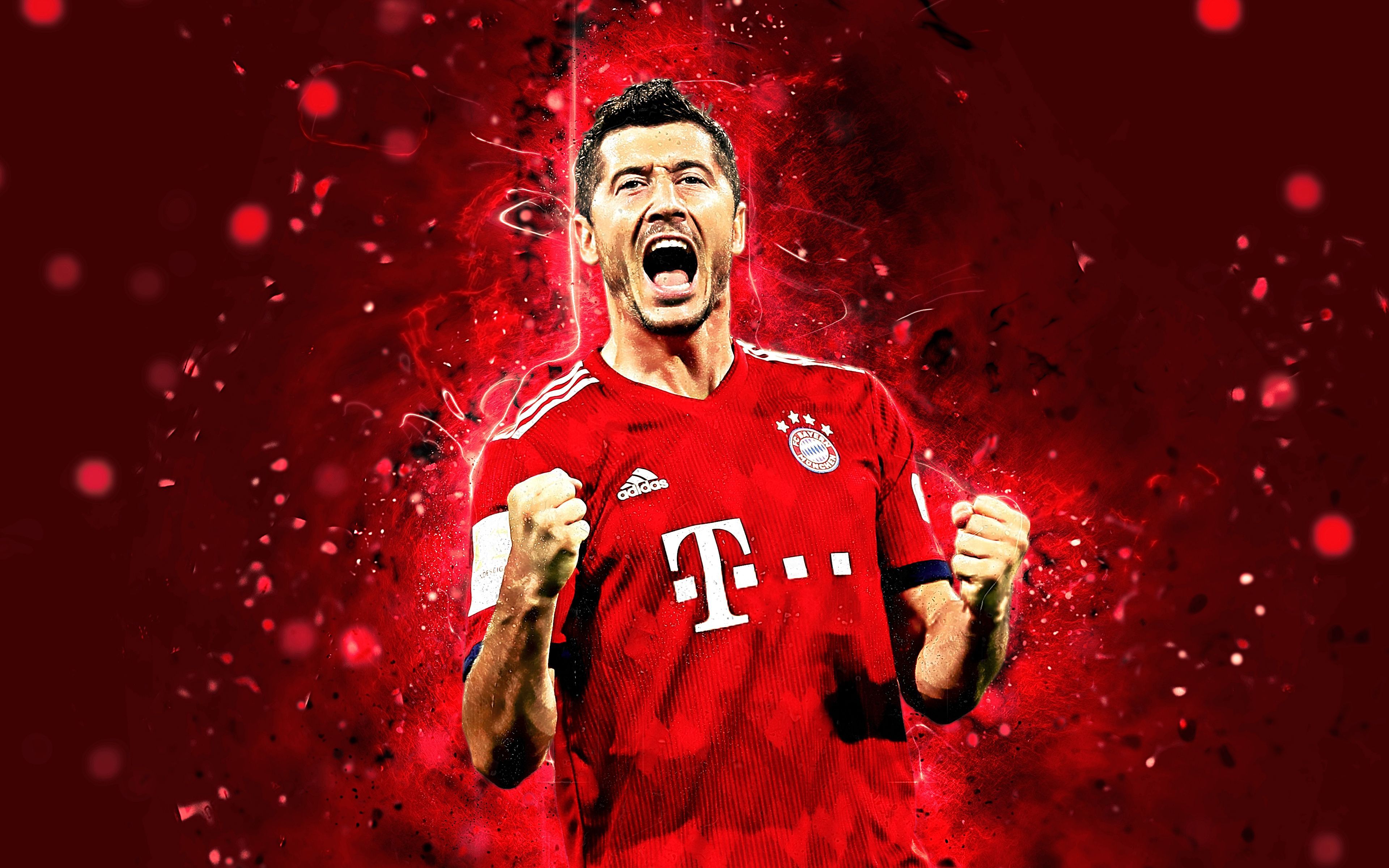 Robert Lewandowski, FC Bayern München, Torjubel, Rotes Neon, Fußballer, 4K, Windows-Hintergrundbild