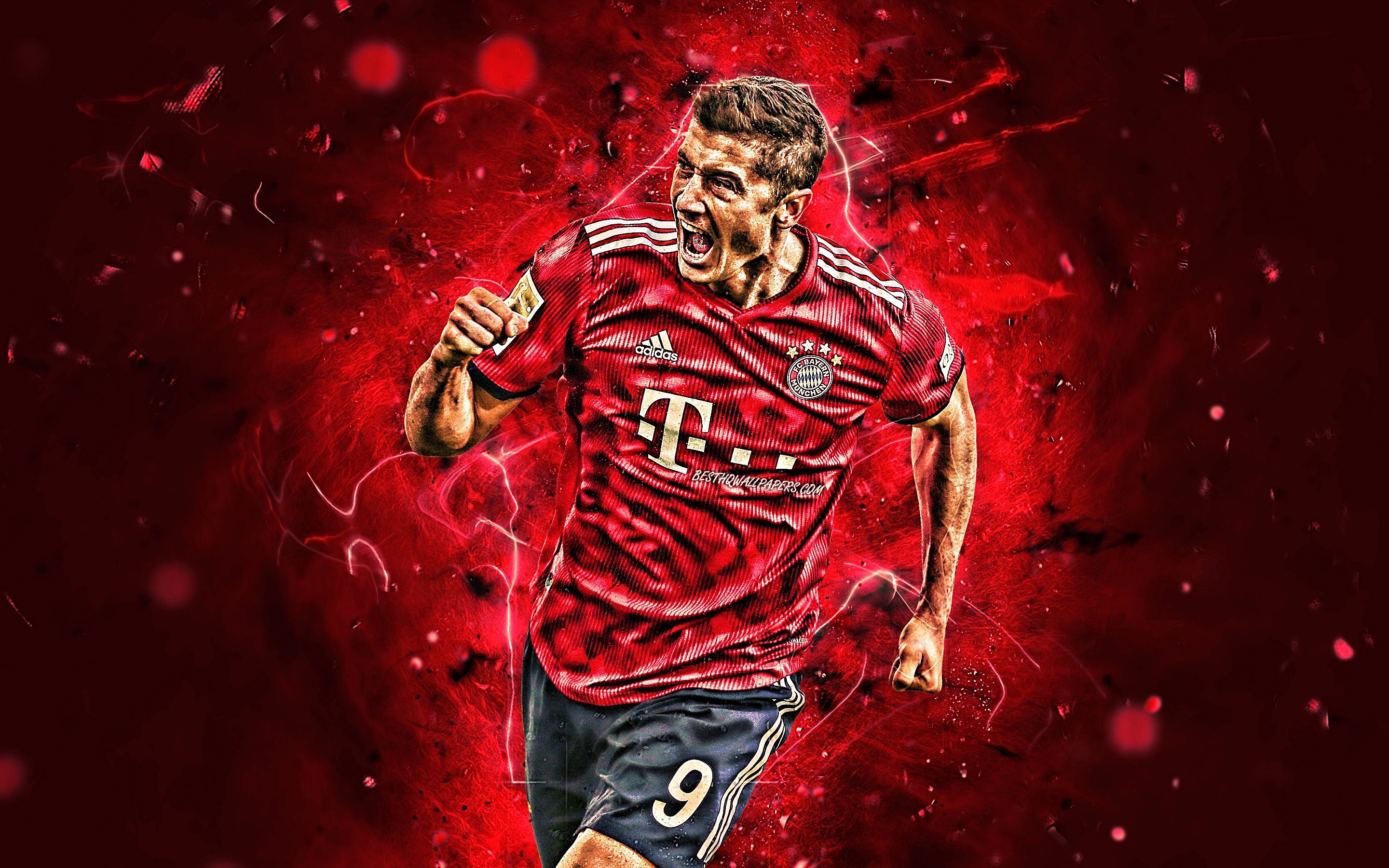 Robert Lewandowski, FC Bayern München, Jubel, Rote Lichteffekte, Stürmer, 2K, Laptop-Hintergrundbild