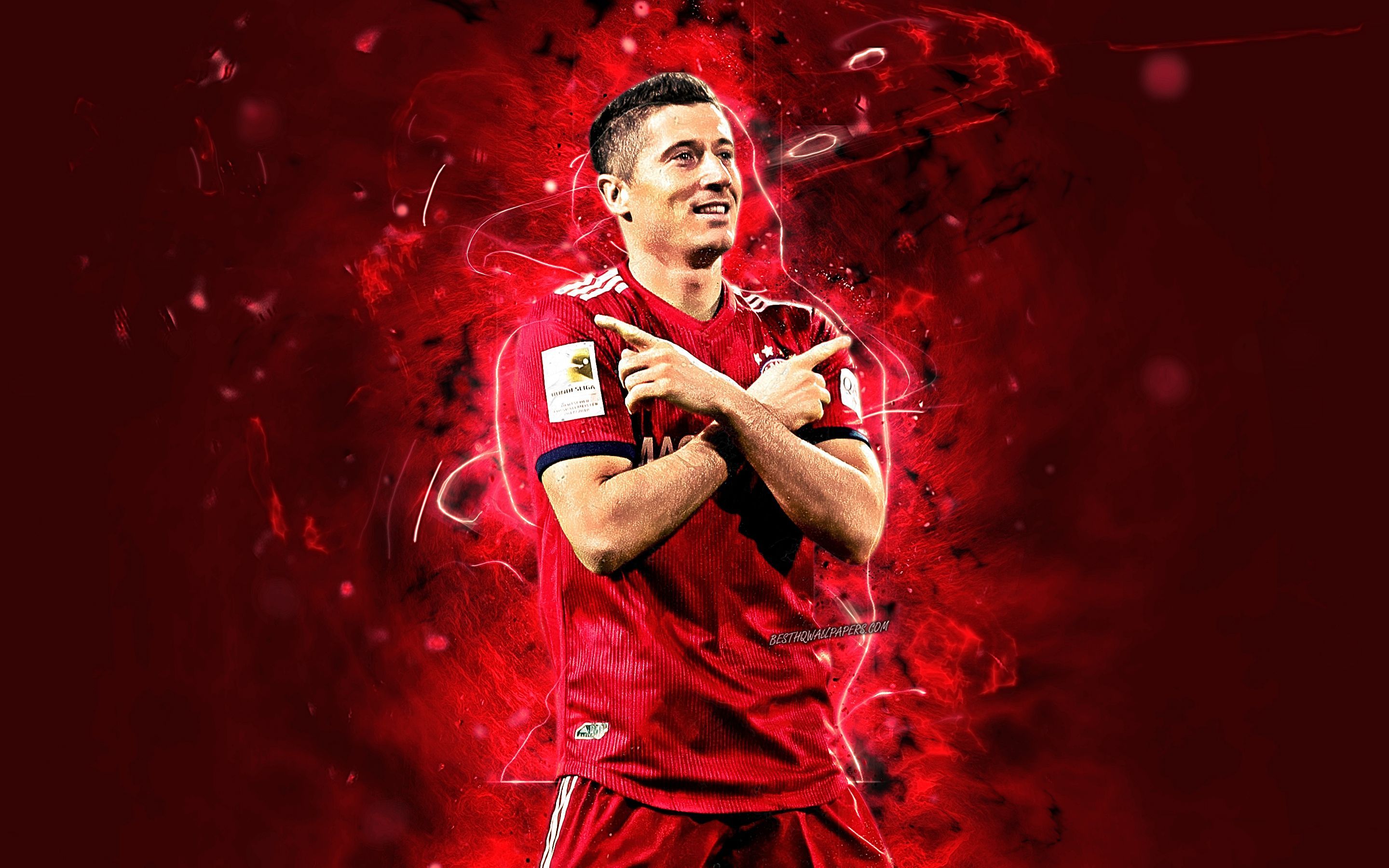 Robert Lewandowski, FC Bayern München, Verschränkte Arme, Torjubel, Rotes Neon, 2K-PC-Hintergrundbild