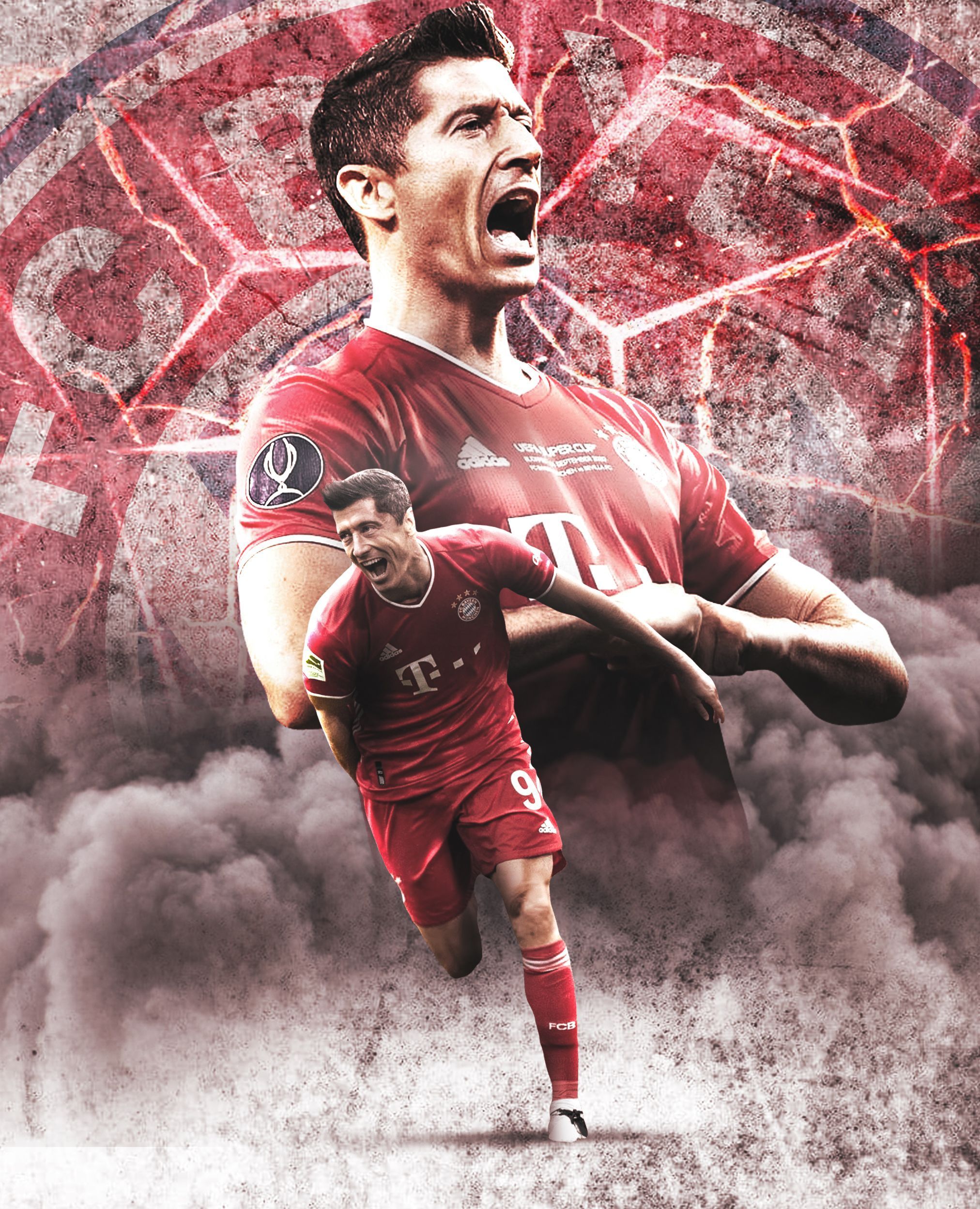 Robert Lewandowski, FC Bayern München, Rauch, Vereinswappen, Grafik, Hintergrundbild fürs Tablet