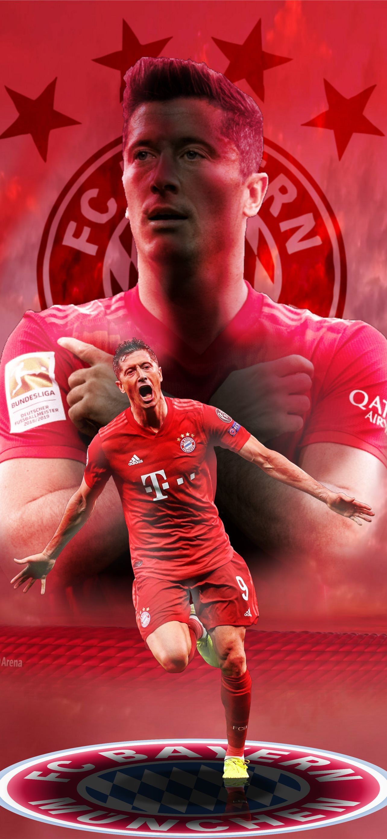Robert Lewandowski, FC Bayern München, Sterne, Rotes Design, Grafik, Sperrbildschirm fürs iPhone