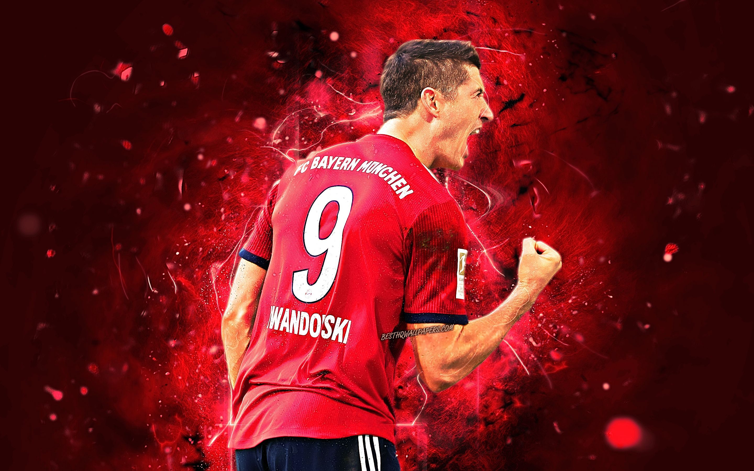 Robert Lewandowski, FC Bayern München, Rückennummer 9, Jubel, Rote Partikel, 2K-Hintergrund