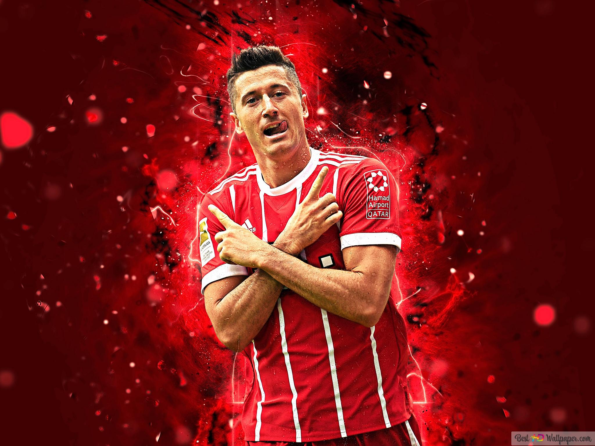 Robert Lewandowski, FC Bayern München, Verschränkte Arme, Gestreiftes Trikot, Rotes Neon, Full-HD-Tablet-Hintergrundbild
