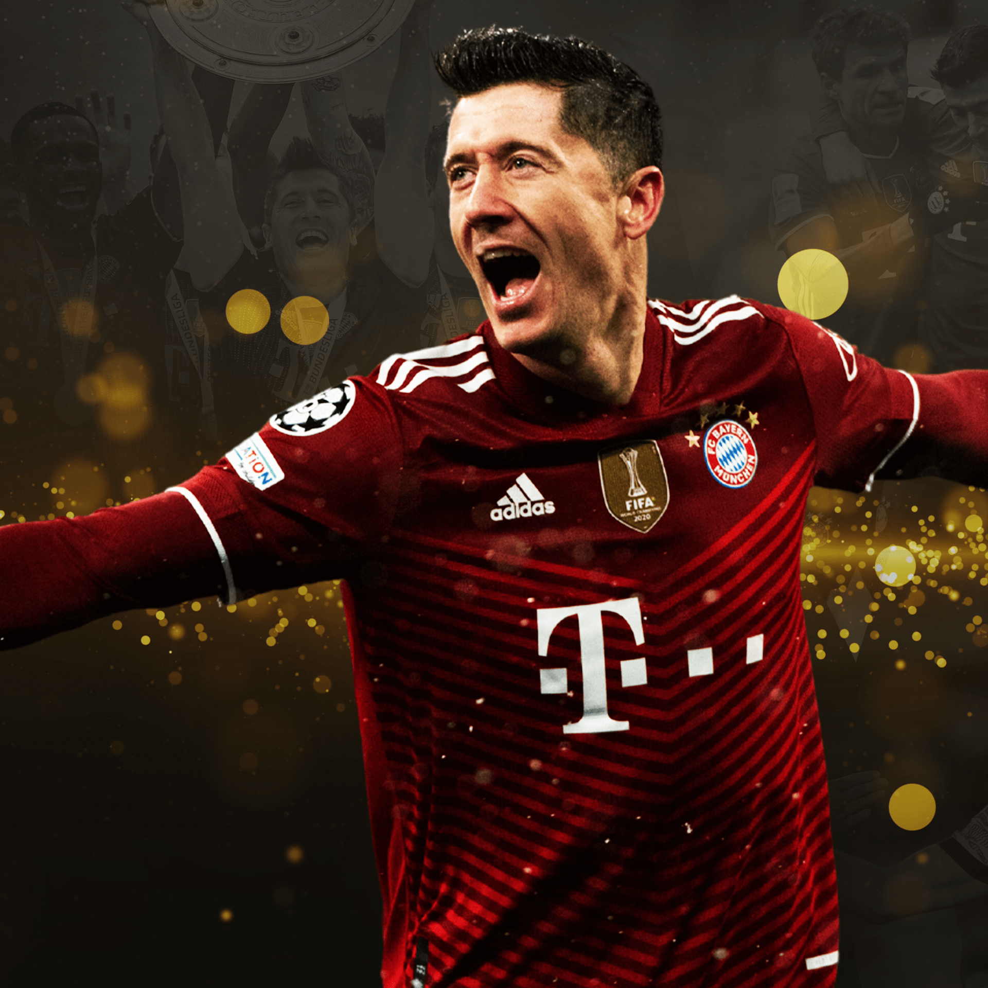 Robert Lewandowski, FC Bayern München, Jubel, Goldenes Bokeh, Torschrei, Hintergrundbild fürs iPad