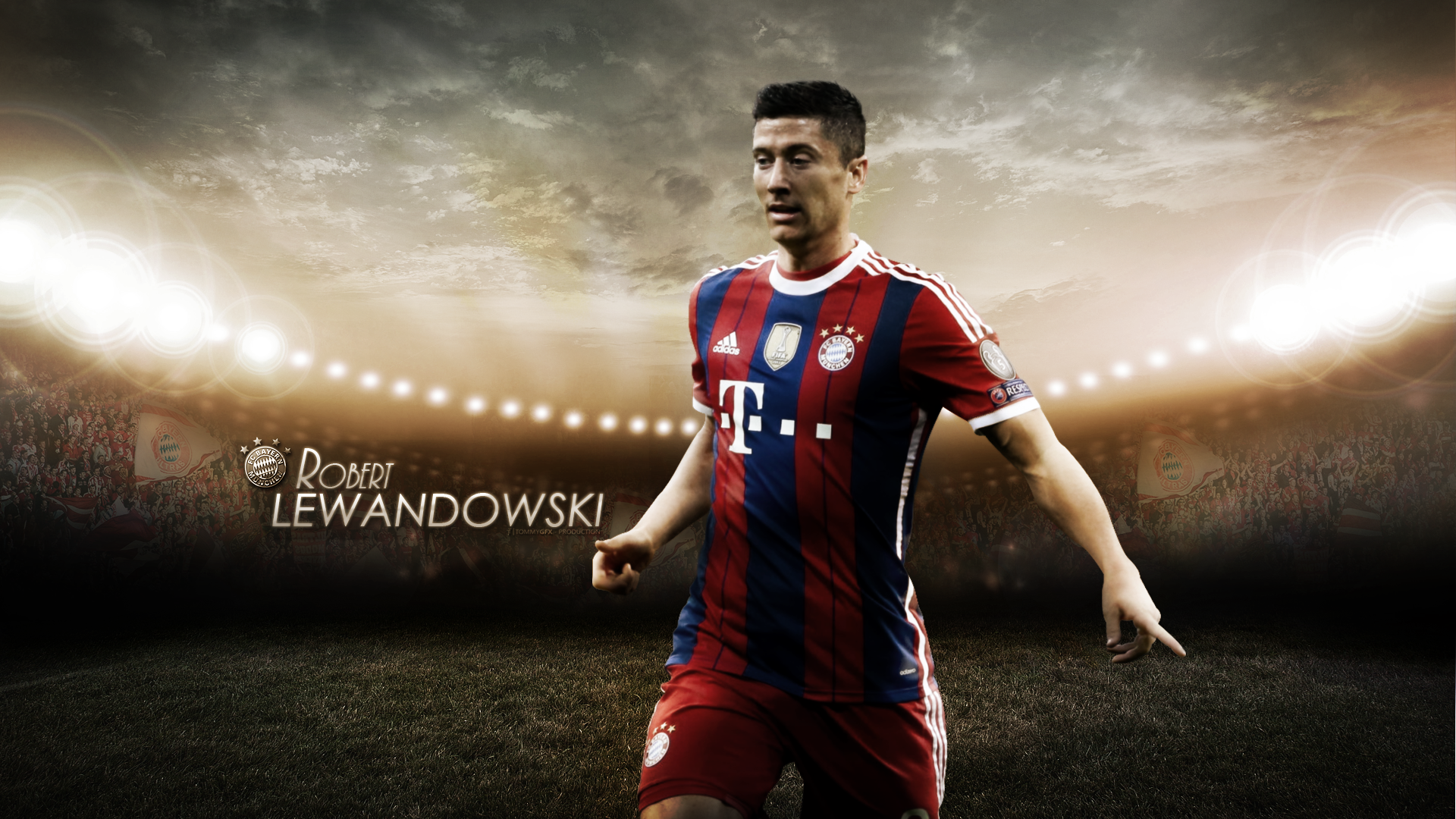 Robert Lewandowski, FC Bayern München, Stadion, Flutlicht, Gestreiftes Trikot, 1080p-Hintergrundbild