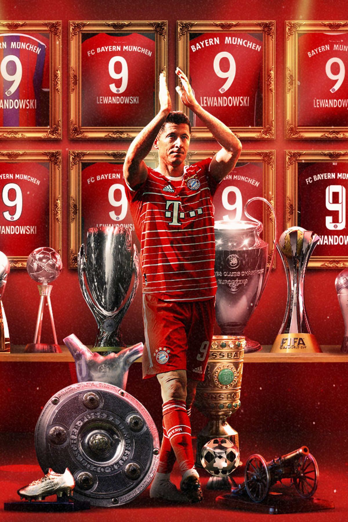 Robert Lewandowski, FC Bayern München, Trophäen, Meisterschale, Applaus, Rückennummer 9, Smartphone-Hintergrund