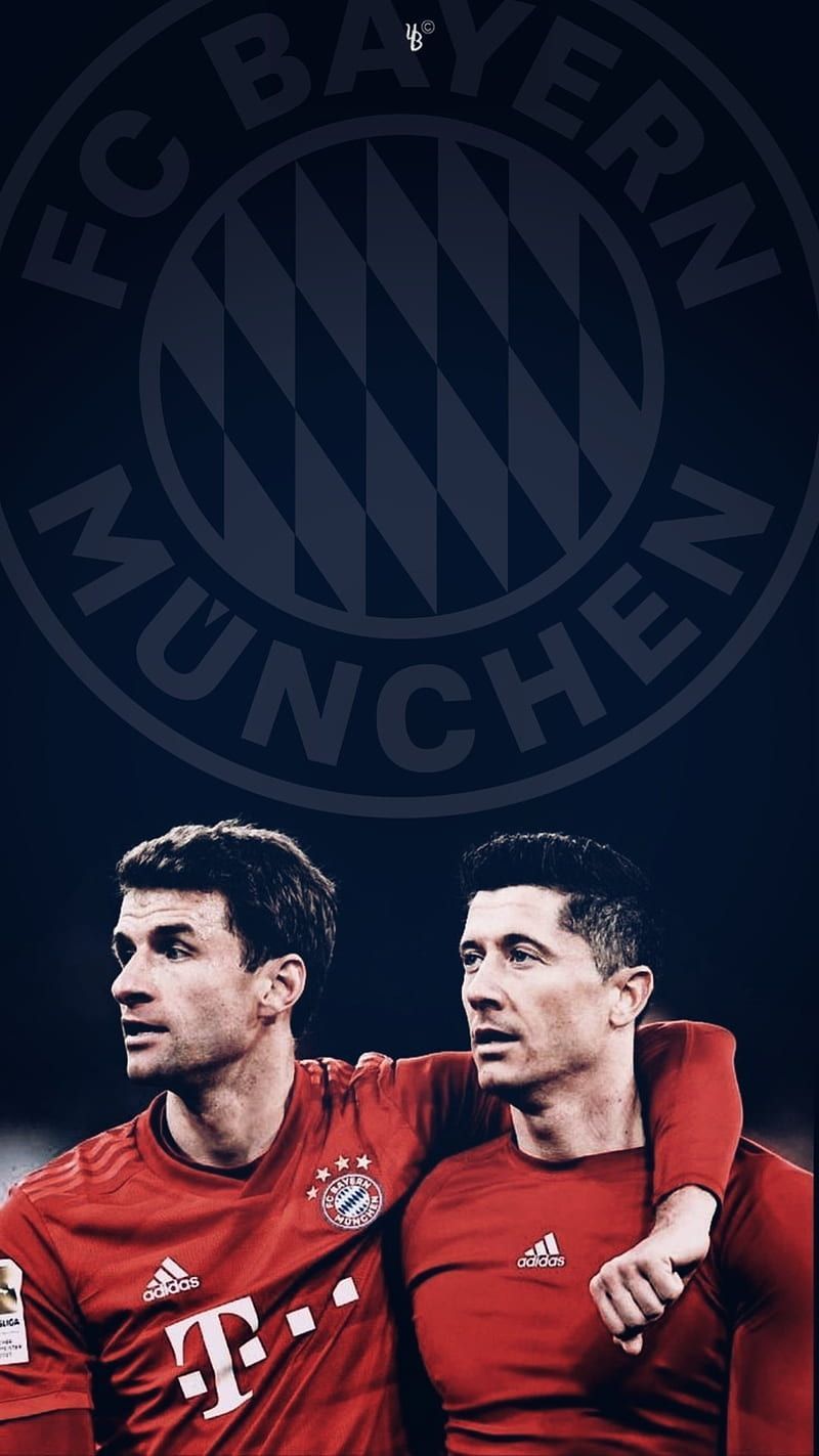 Robert Lewandowski, Thomas Müller, FC Bayern München, Vereinswappen, Dunkelblau, HD-Handy-Hintergrundbild