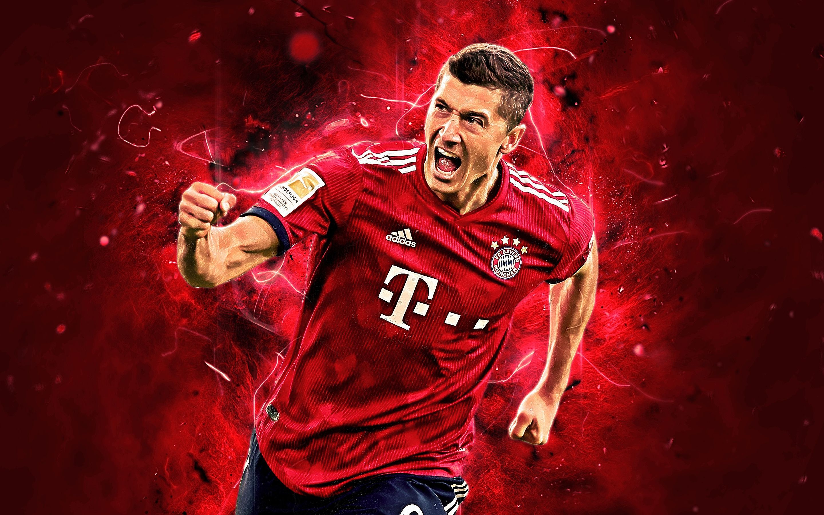 Robert Lewandowski, FC Bayern München, Torjubel, Rote Lichteffekte, Fußballer, 2K-Desktop-Hintergrund