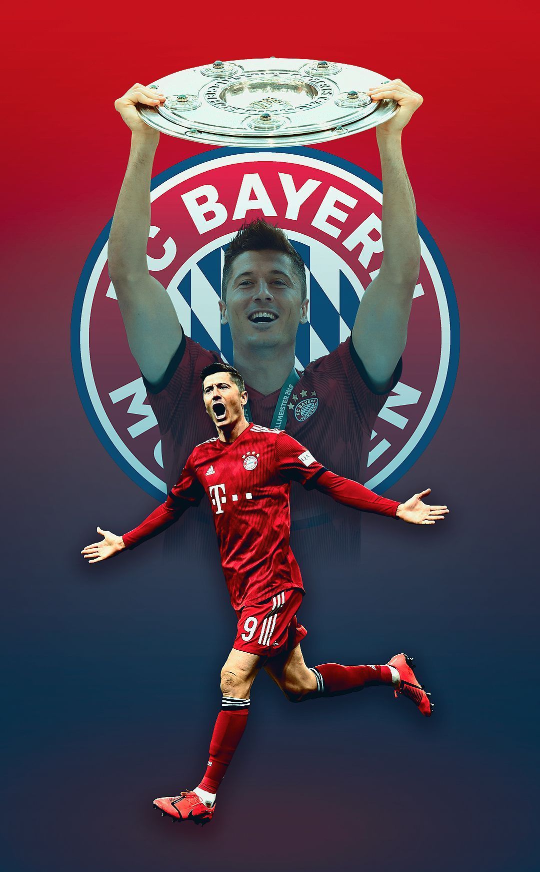 Robert Lewandowski, FC Bayern München, Meisterschale, Vereinswappen, Blau-Rot, Full-HD-Handy-Hintergrundbild