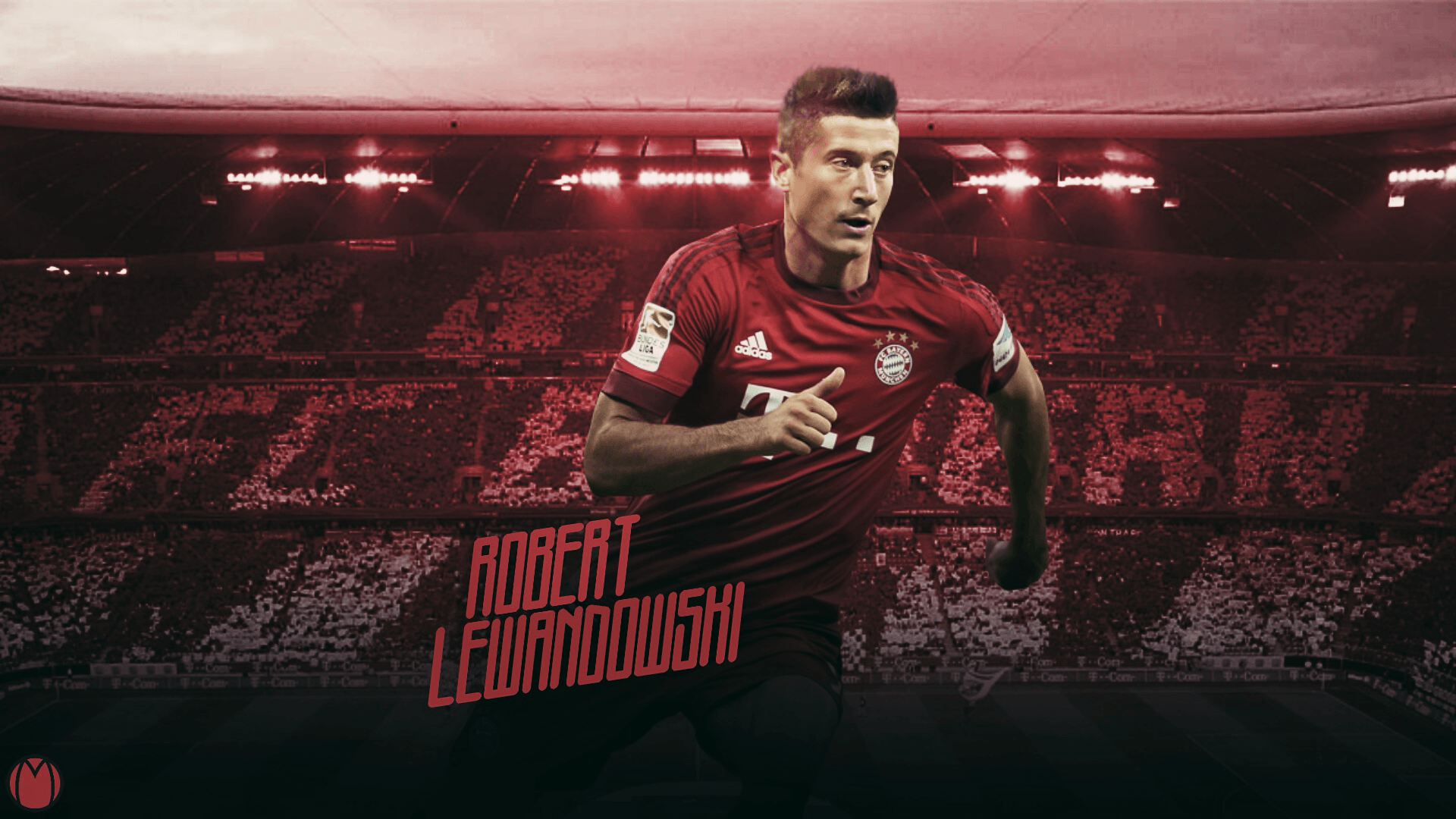Robert Lewandowski, FC Bayern München, Allianz Arena, Tribüne, Schriftzug, Full HD, Laptop-Hintergrundbild