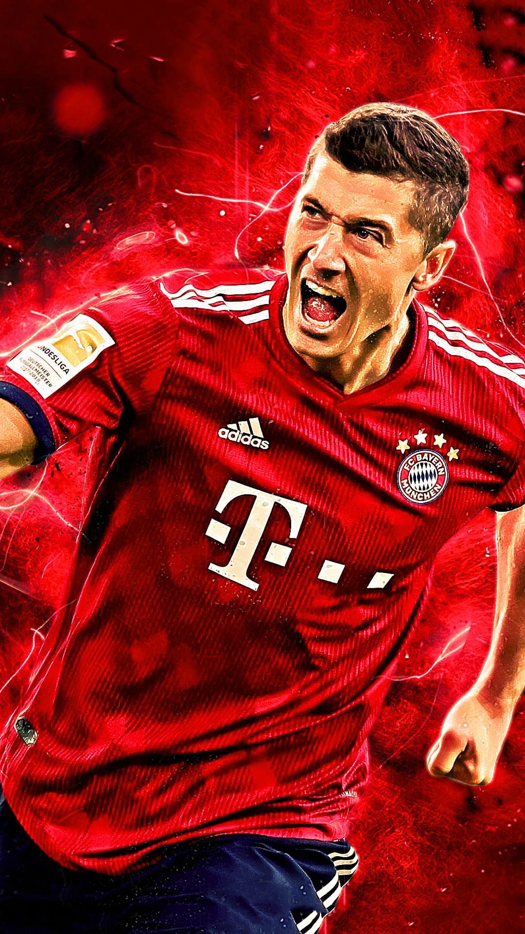 Robert Lewandowski, FC Bayern München, Jubel, Rotes Neon, Fußballspieler, Full HD, Handy-Hintergrund