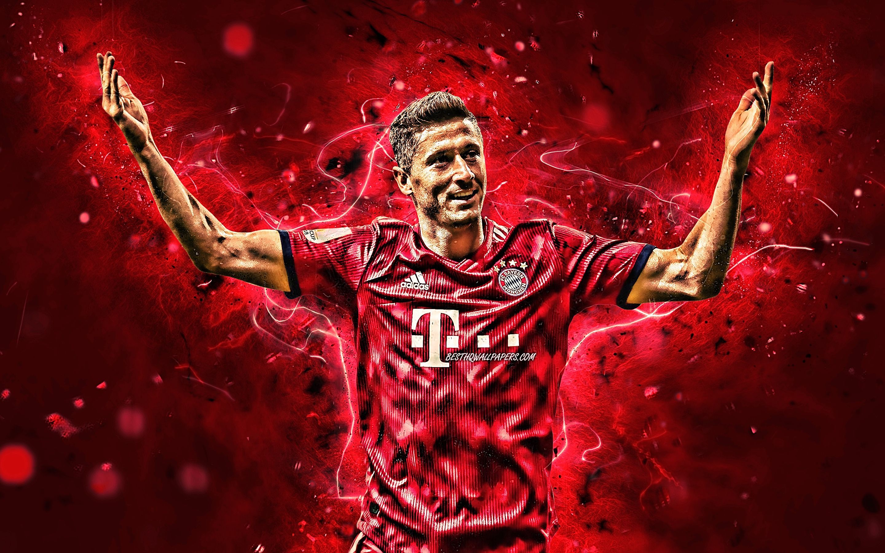 Robert Lewandowski, FC Bayern München, Ausgebreitete Arme, Torjubel, Rote Partikel, 2K Wallpaper