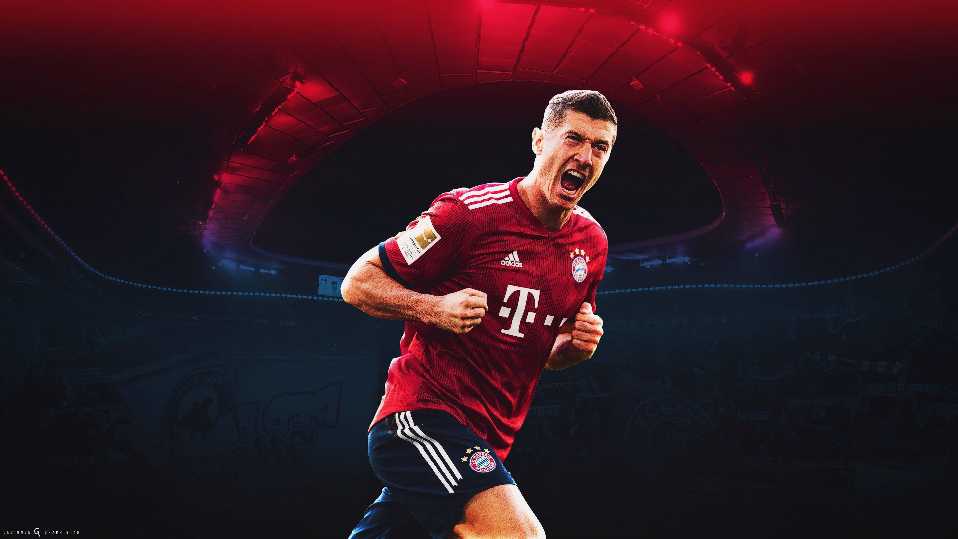 Robert Lewandowski, FC Bayern München, Stadion, Jubel, Dunkelblau, 4K-Hintergrundbild für PC
