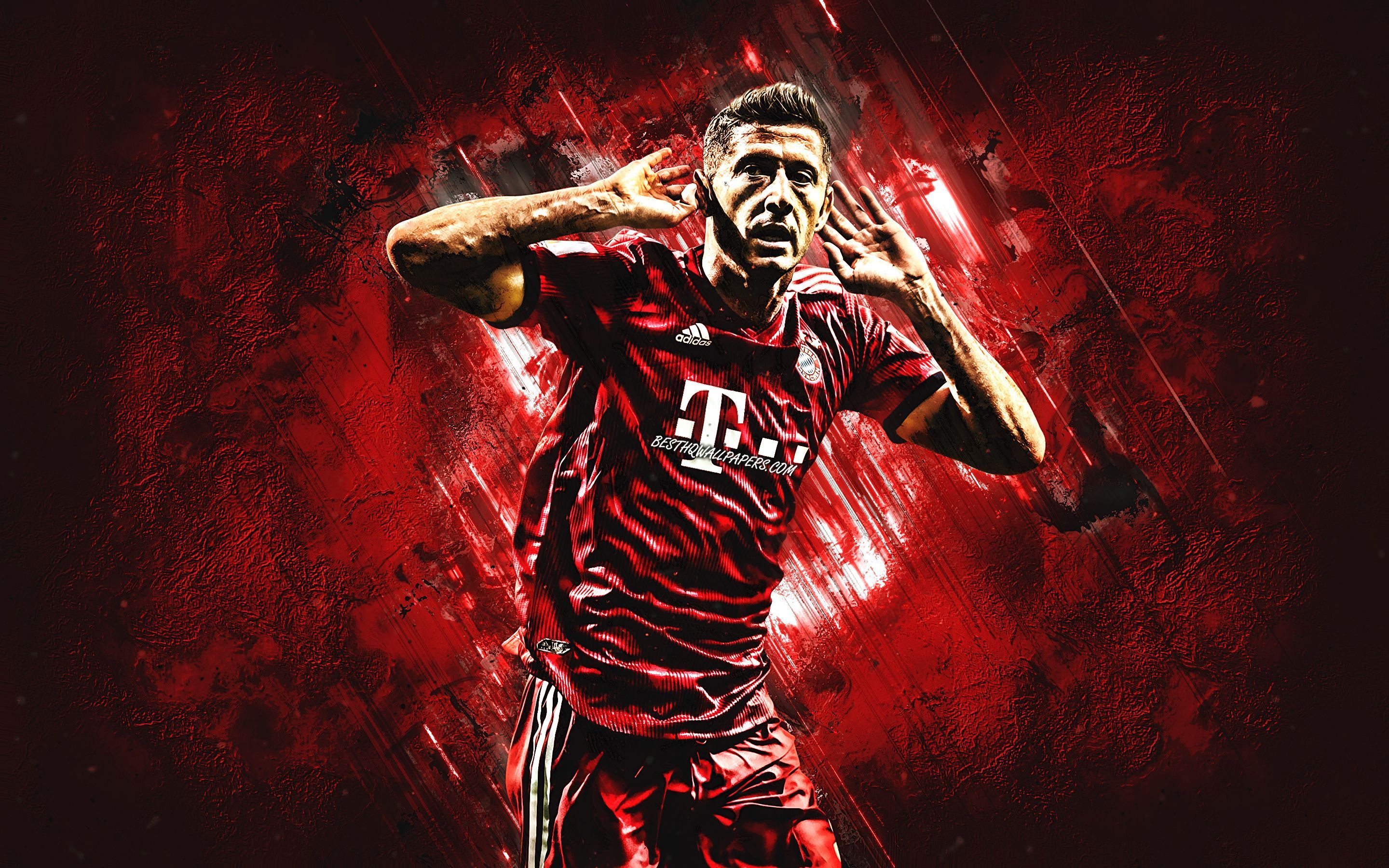 Robert Lewandowski, FC Bayern München, Jubelgeste, Hände an Ohren, Rot, 2K, MacBook-Hintergrundbild